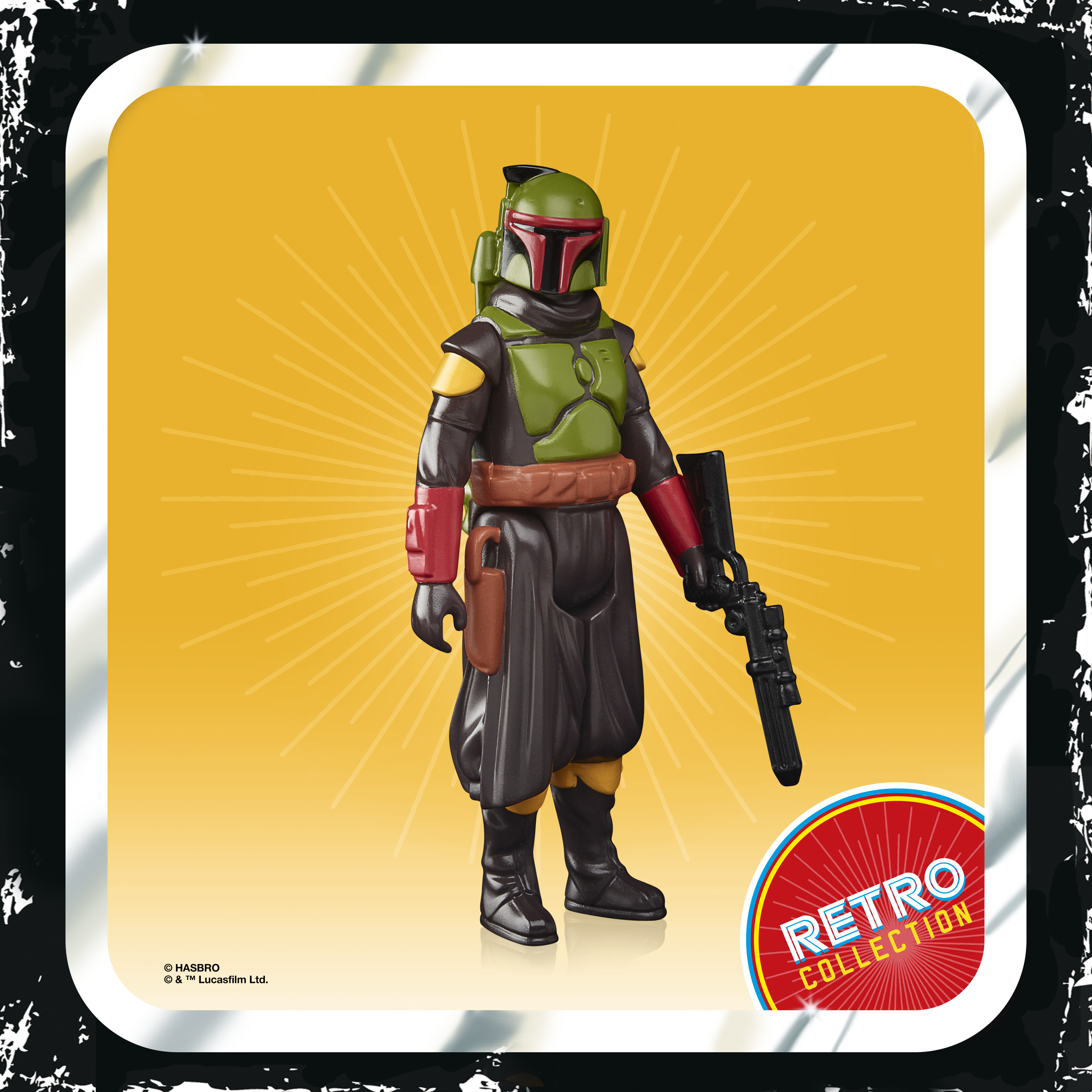 Un action figure di Boba Fett in stile retrò, con un blaster, che indossa un'armatura verde e nera.