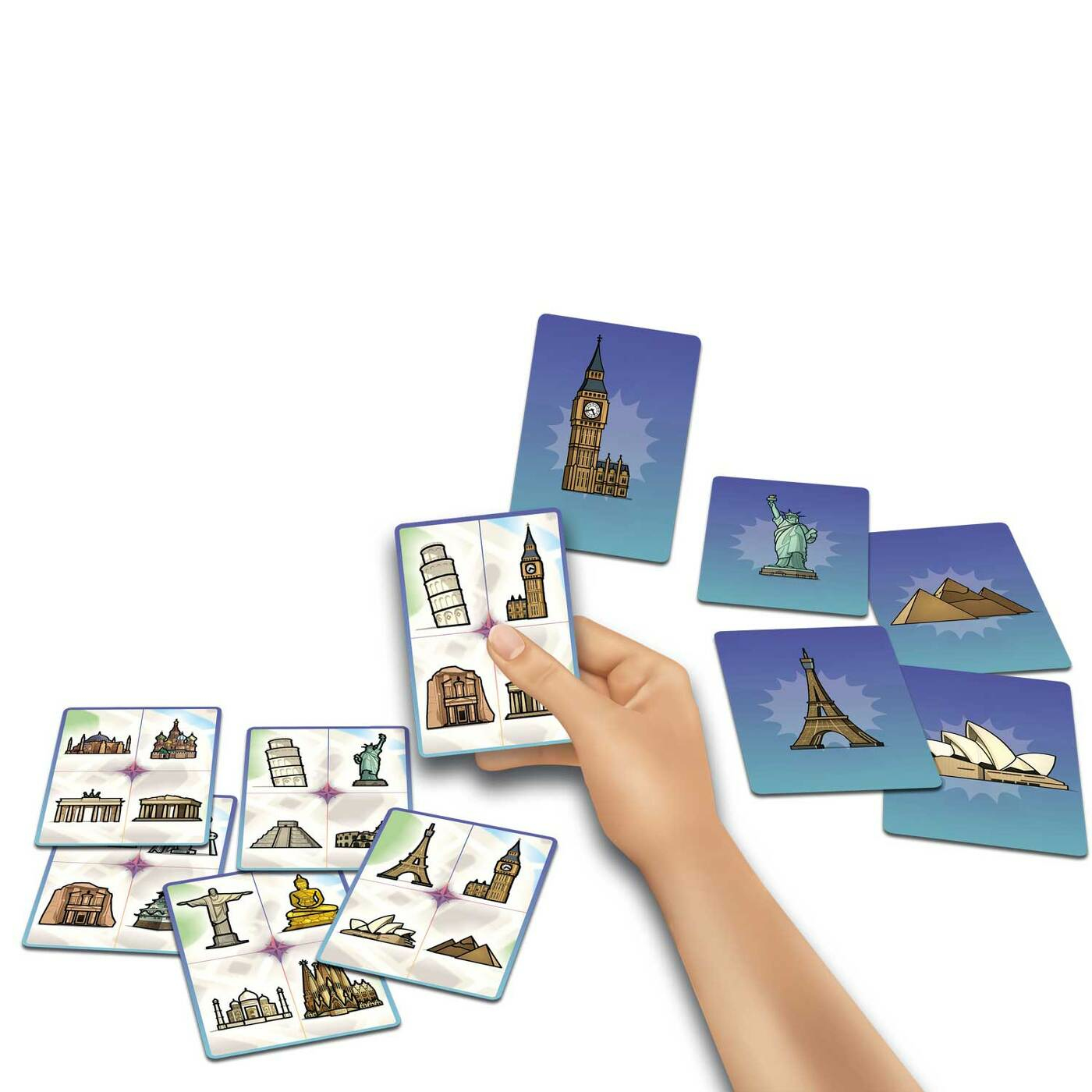 Mains tenant des cartes avec des monuments. Cartes avec d'autres monuments éparpillées.
