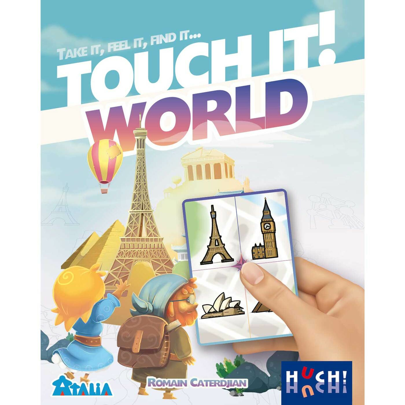 Plateau de jeu avec des illustrations de monuments du monde. Une main tient une carte avec la Tour Eiffel et Big Ben.