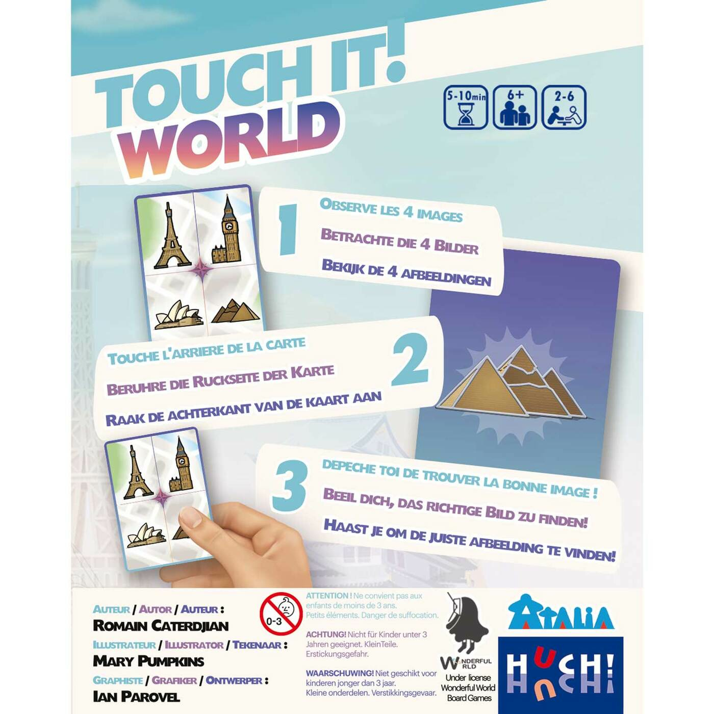 Boîte de jeu avec instructions. Illustrations colorées de monuments et instructions. Fond blanc.
