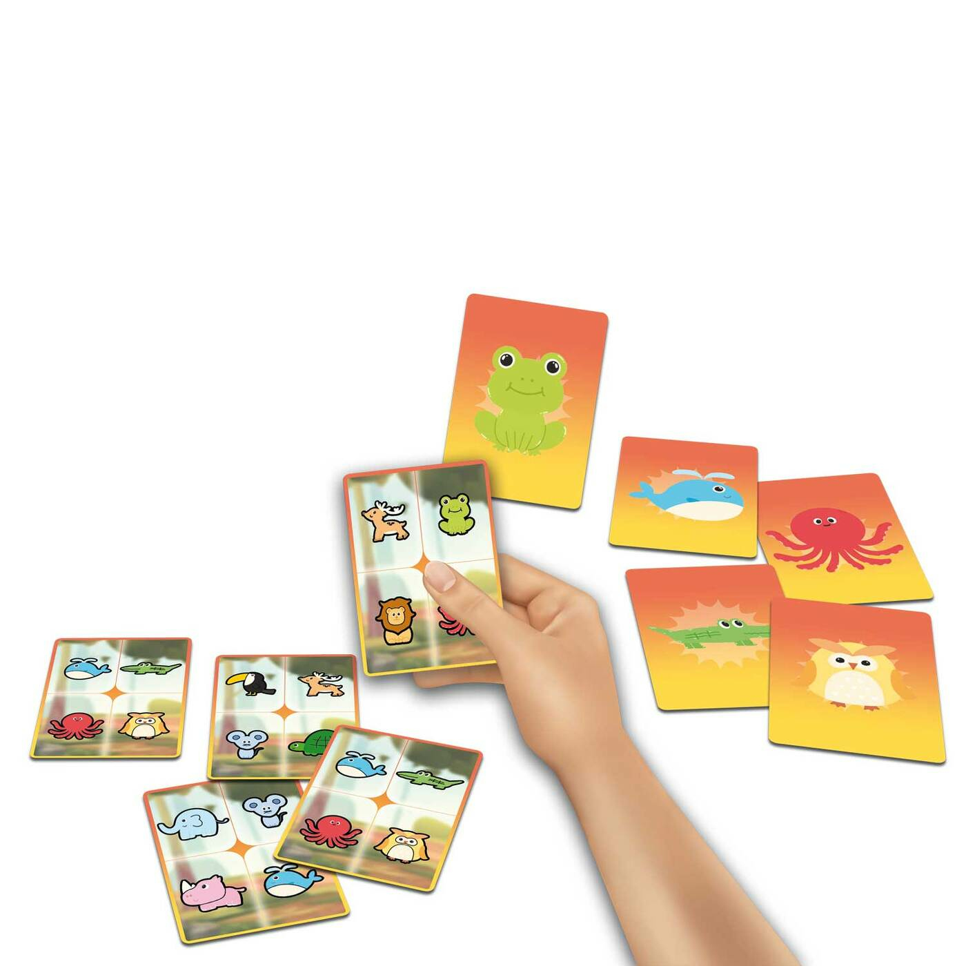 Une main tient une carte avec une grenouille. D'autres cartes montrent des animaux comme un poisson et un hibou.