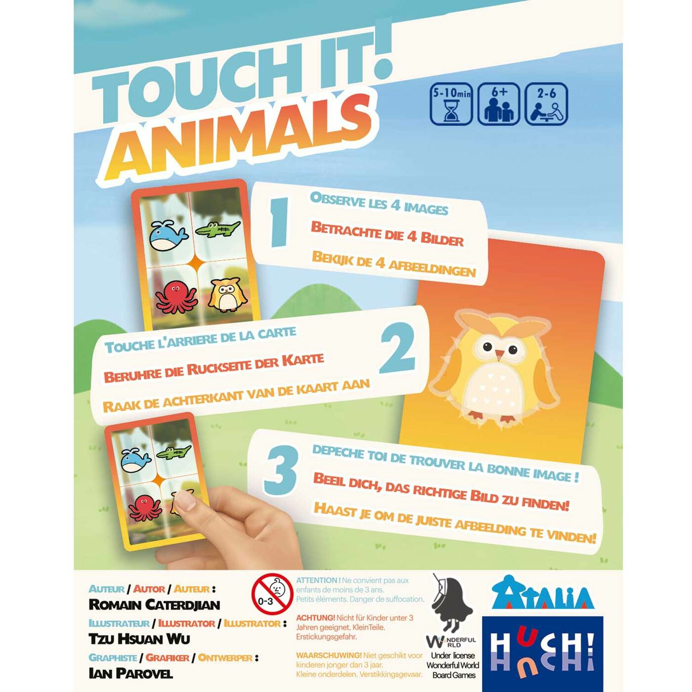 Boîte de jeu pour enfants. Instructions en plusieurs langues, montrant des images d'animaux, un hibou et des cartes.