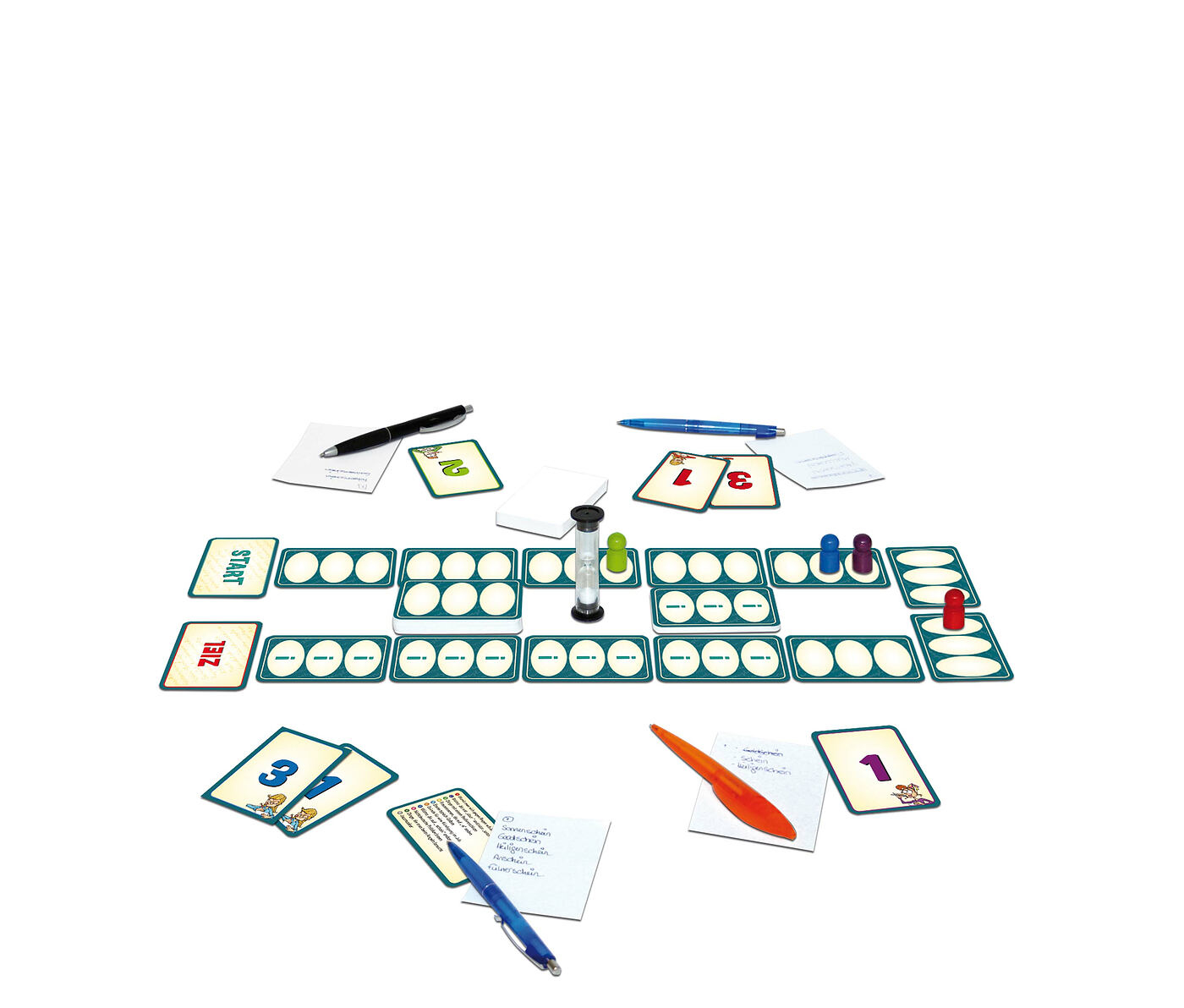 Brettspiel mit Karten, Stiften und einem Timer. Das Layout ist auf weißem Grund.