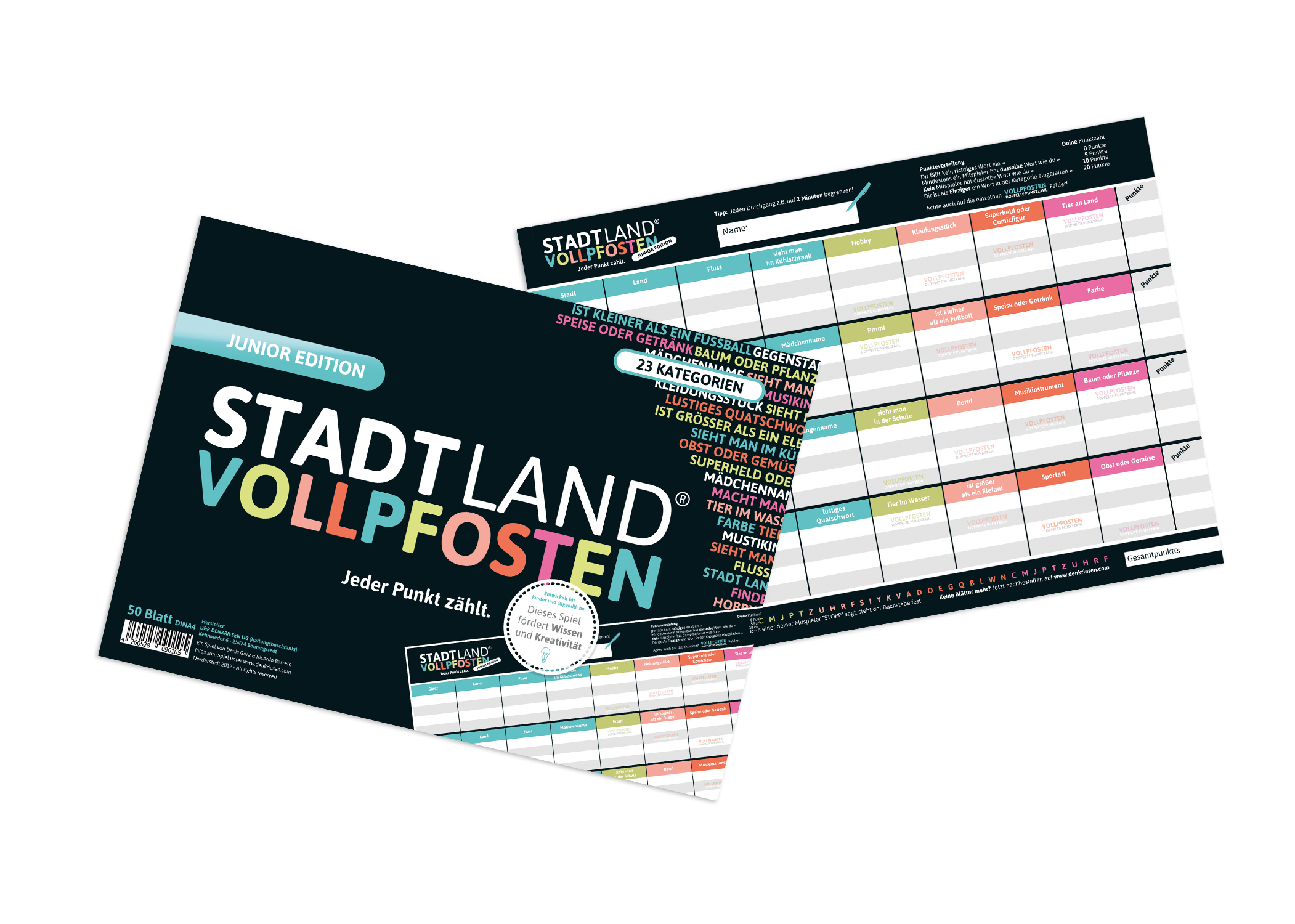 Brettspiel. Ein Brett mit Wörtern und einer Tabelle. Das Spiel ist Stadt Land Vollpfosten - Junior Edition. Auf Deutsch.