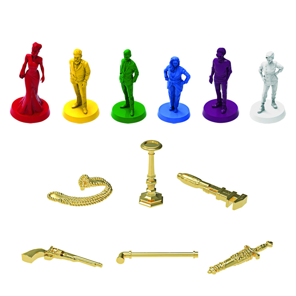 Figurki i broń z gry Cluedo: Panna Scarlet, Pułkownik Mustard itp. i złota broń.