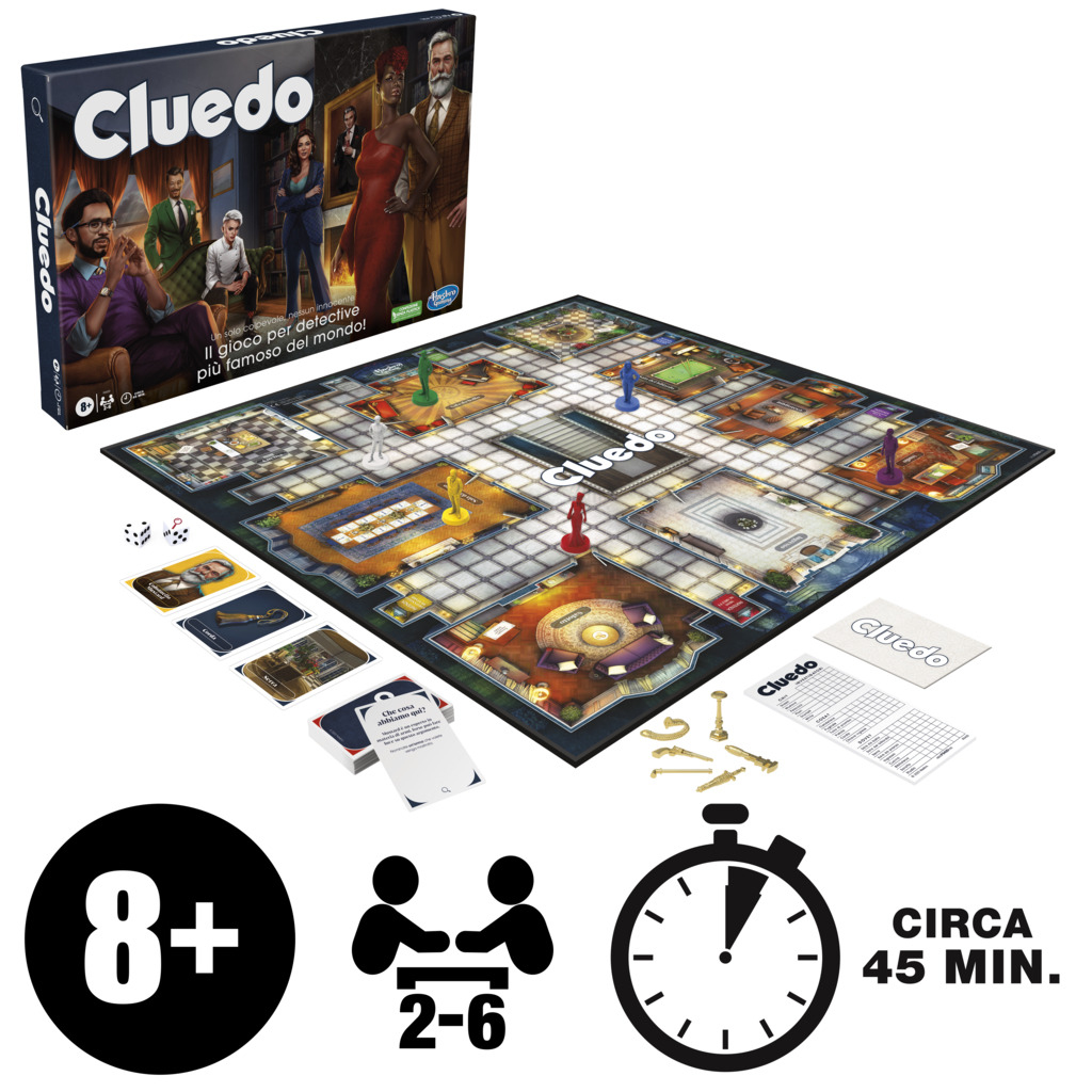 Pudełko i plansza gry Cluedo z widocznymi pionkami i kartami.