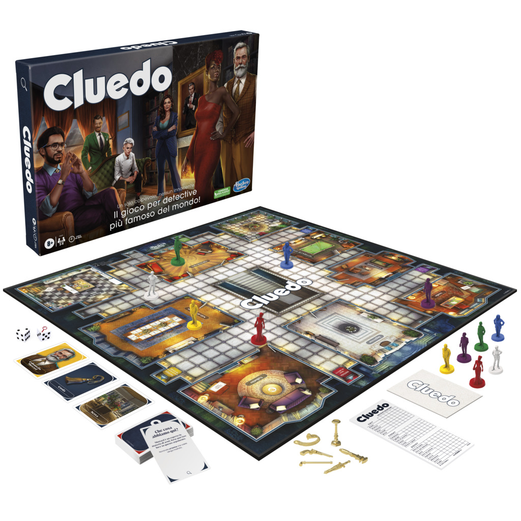 Pudełko i elementy gry planszowej Cluedo, widoczna plansza.