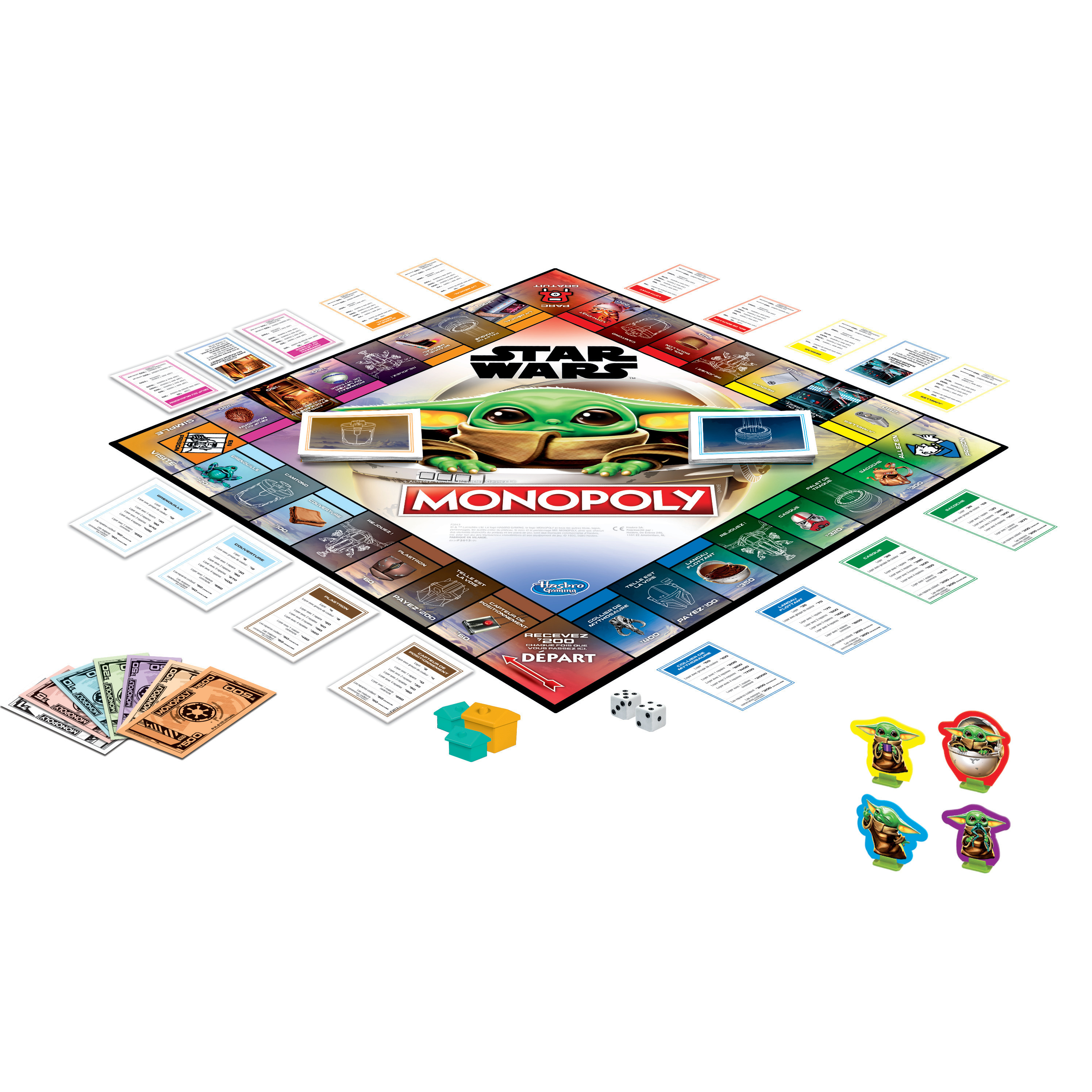 Zestaw gry planszowej Monopoly Star Wars z pionkami i kartami, białe tło.