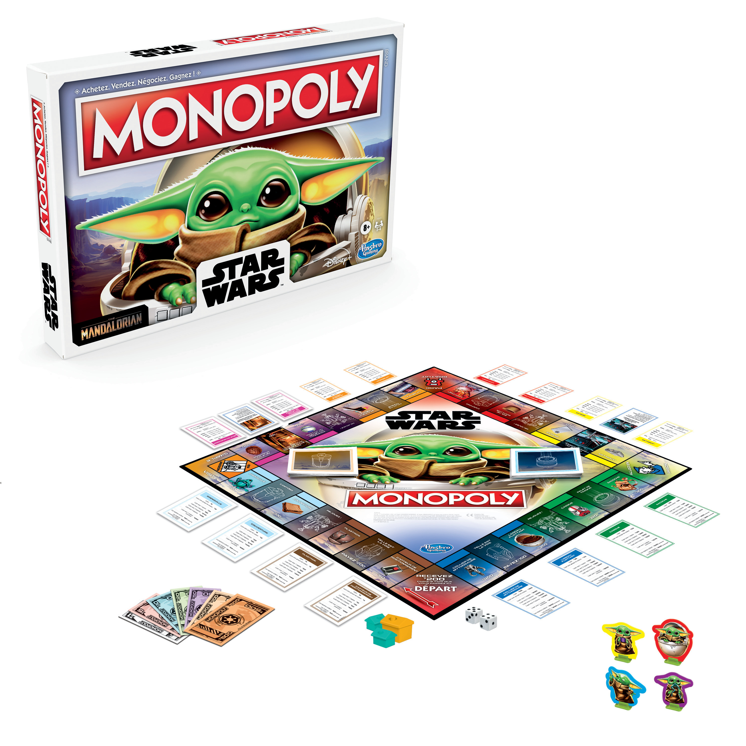 Pudełko i plansza do gry Monopoly Star Wars z elementami, pieniędzmi i kartami.