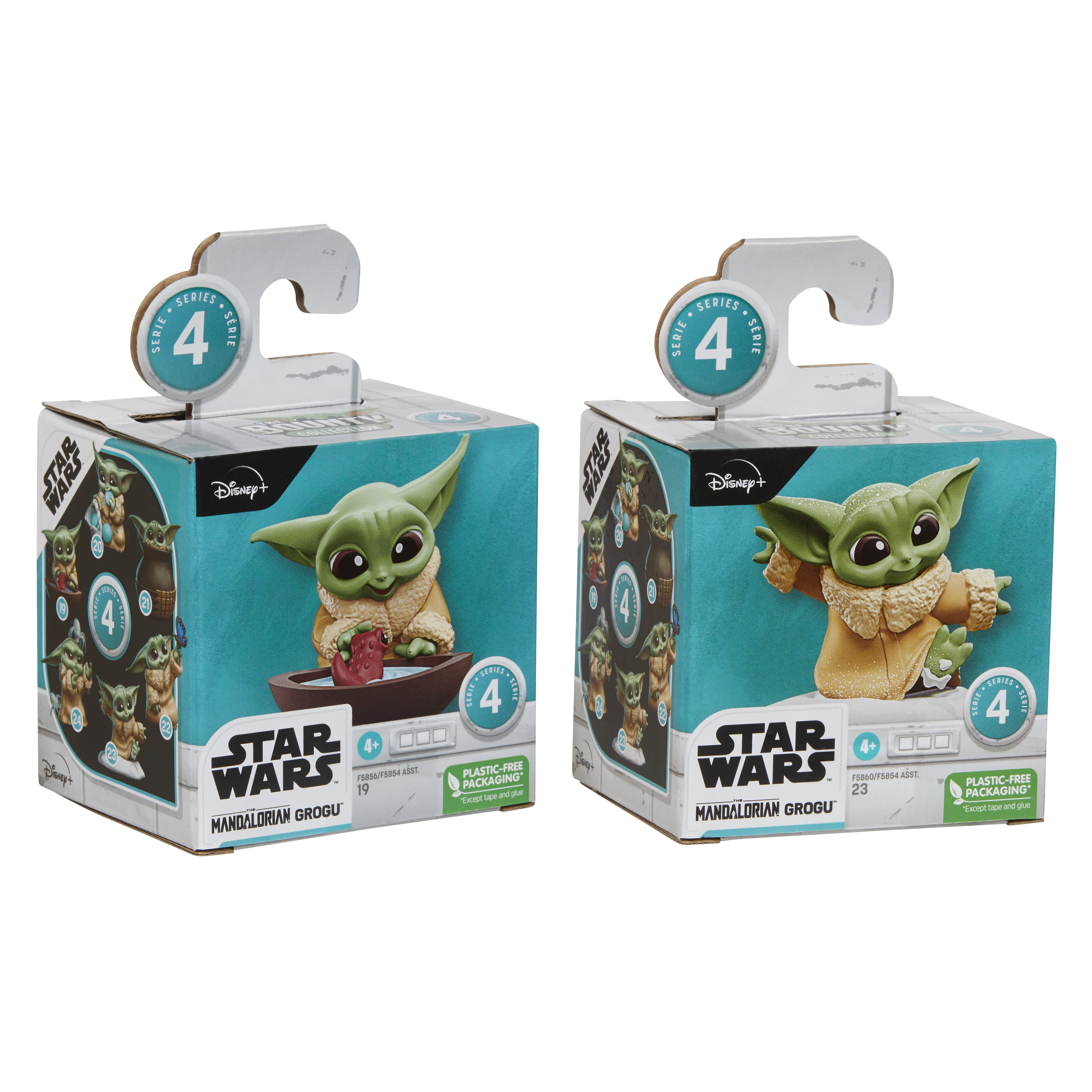 Due statuette di Grogu di Star Wars in scatole. Ognuna ha una statuetta di Grogu e il logo Star Wars.
