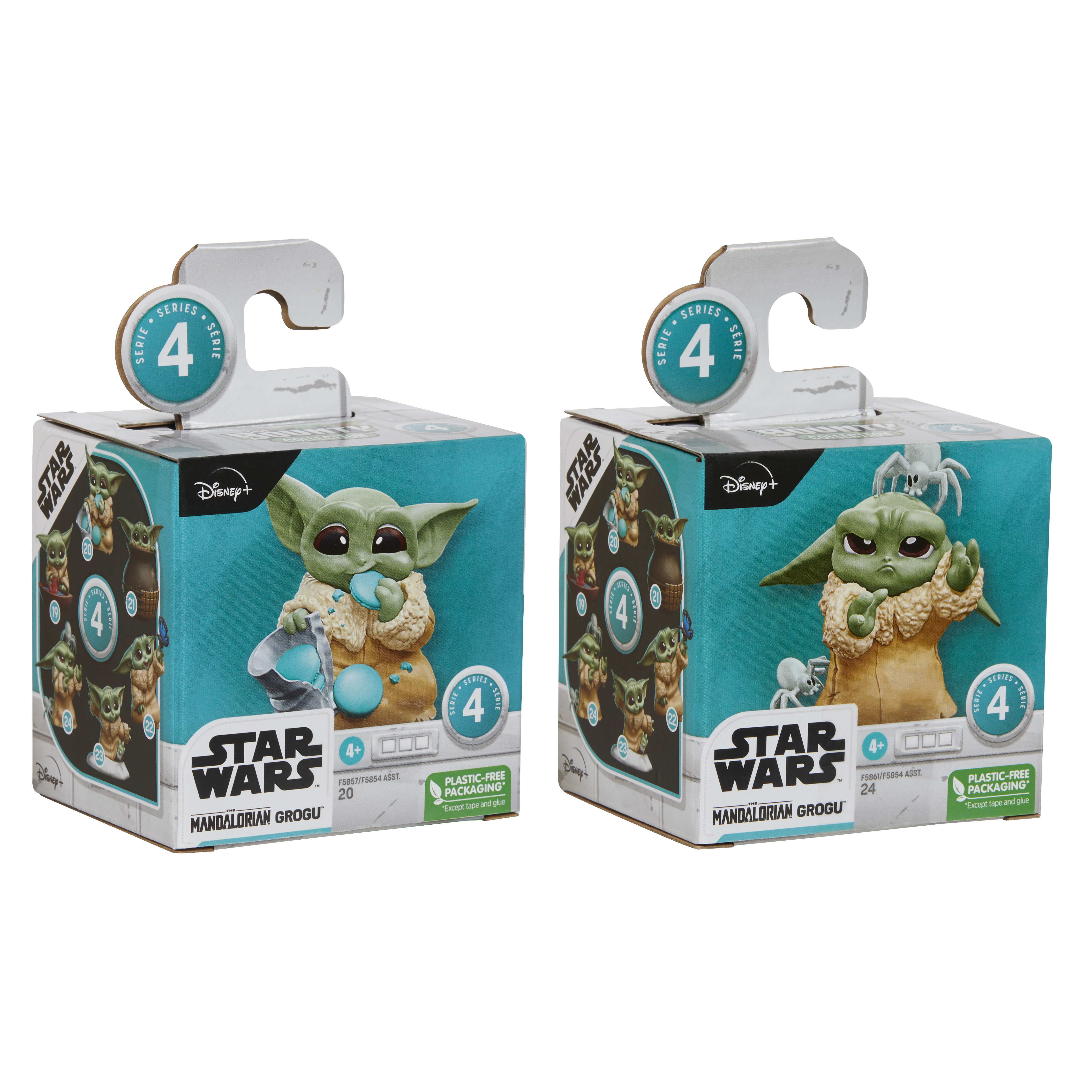 Due scatole con figure di Grogu di Star Wars, confezione serie 4.