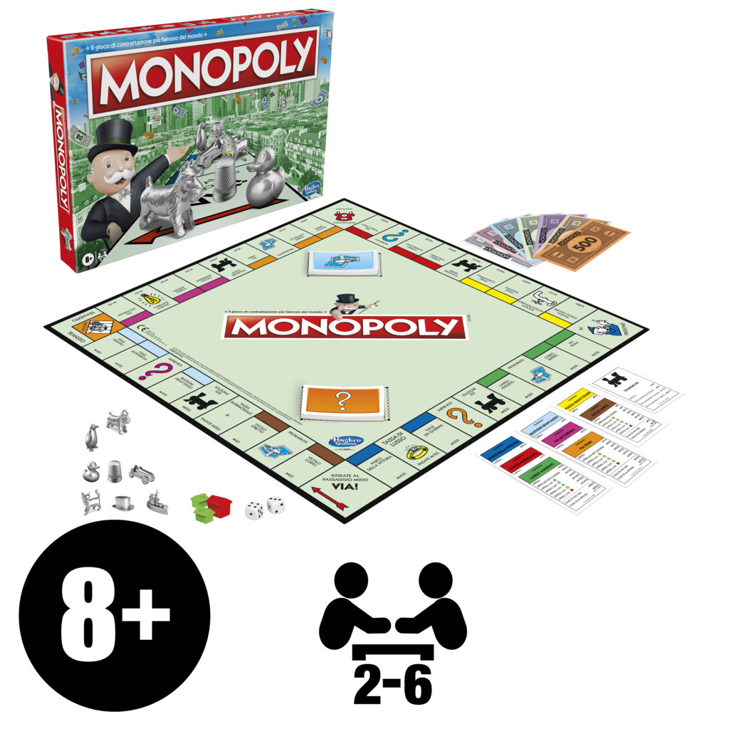 Zestaw gry planszowej Monopoly. Zawiera planszę, karty, żetony i kości. Pudełko jest w tle.