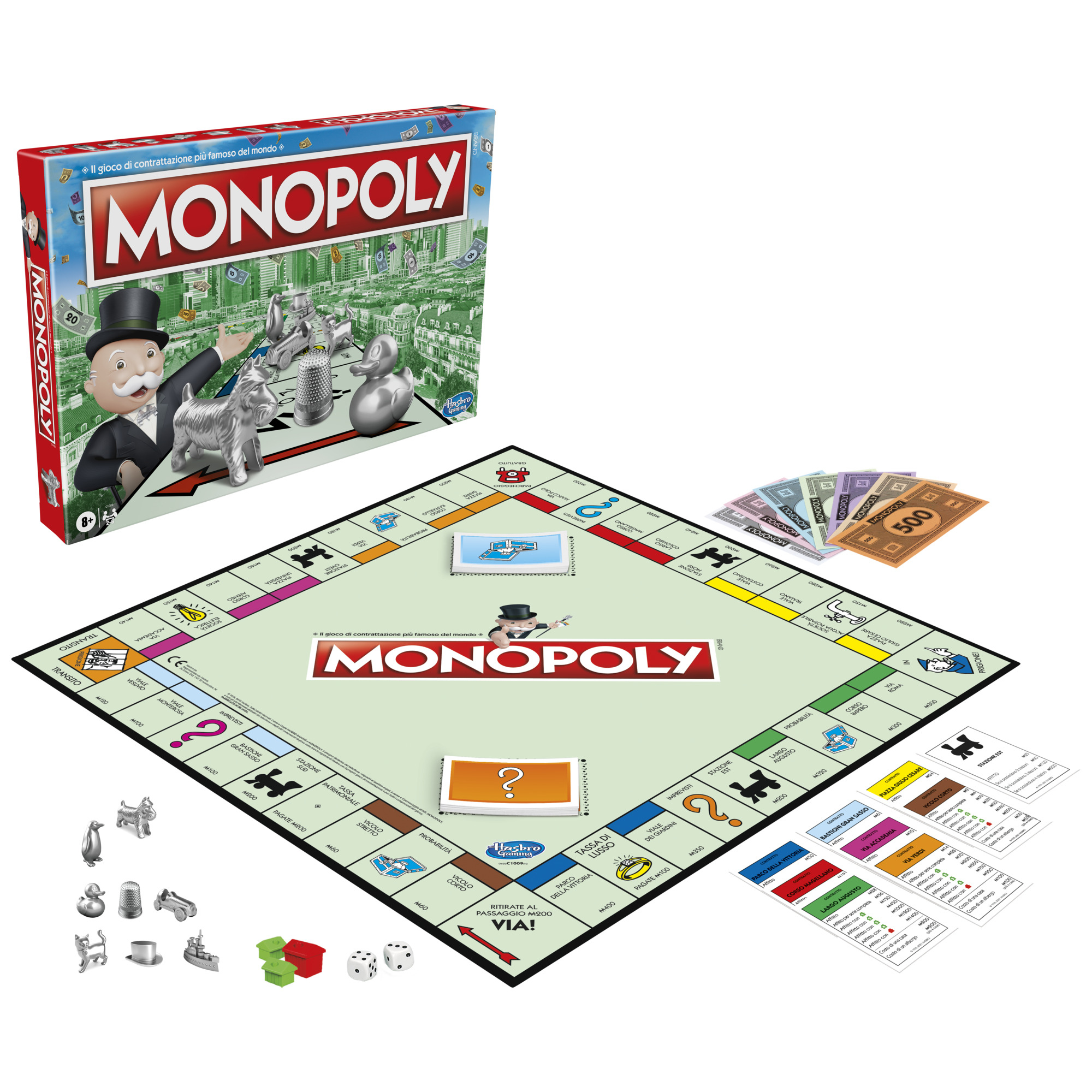 Zestaw gry planszowej Monopoly z planszą, kartami, pieniędzmi, kostką i pionkami.