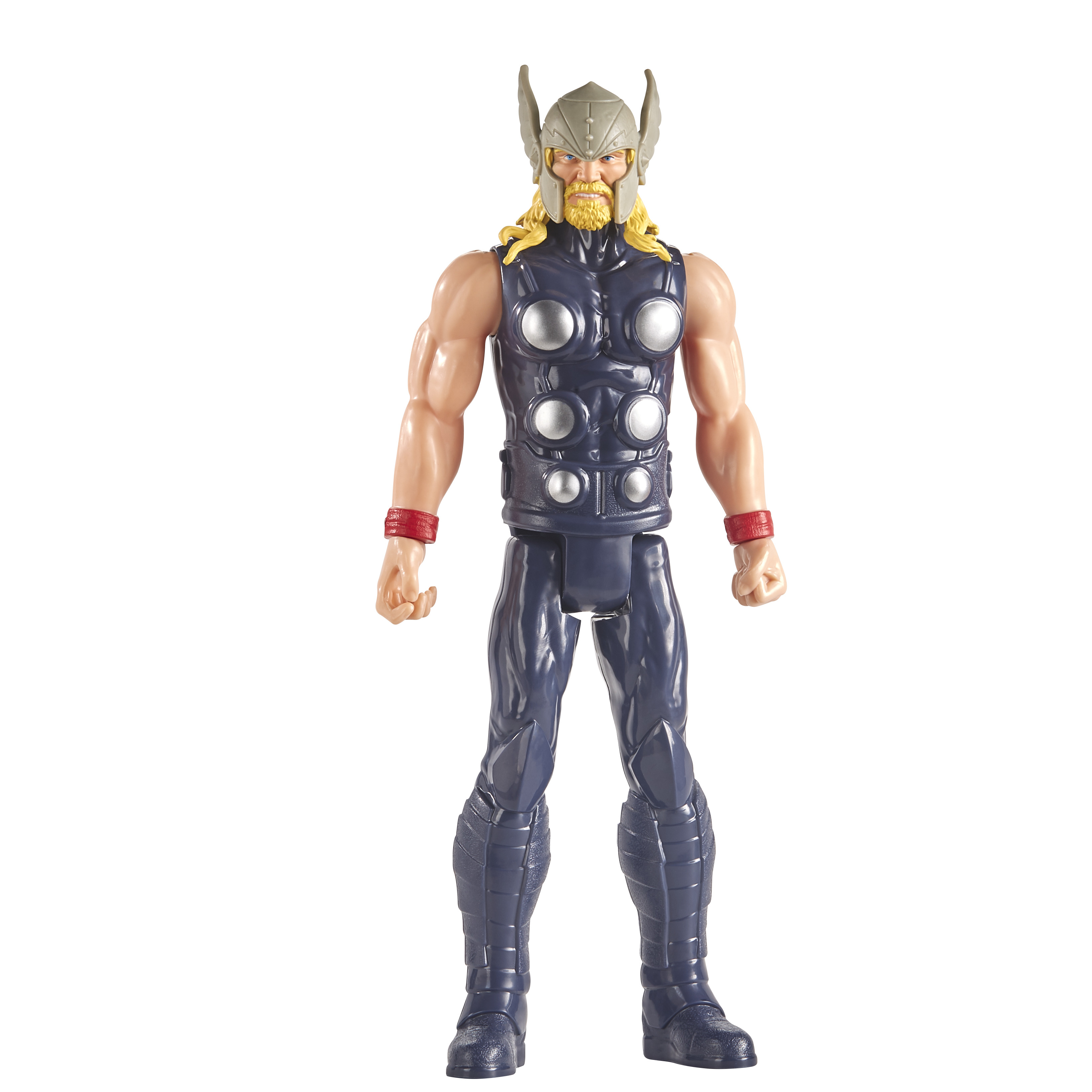 Action figure di Thor in armatura blu e grigia, capelli biondi, polsini rossi.