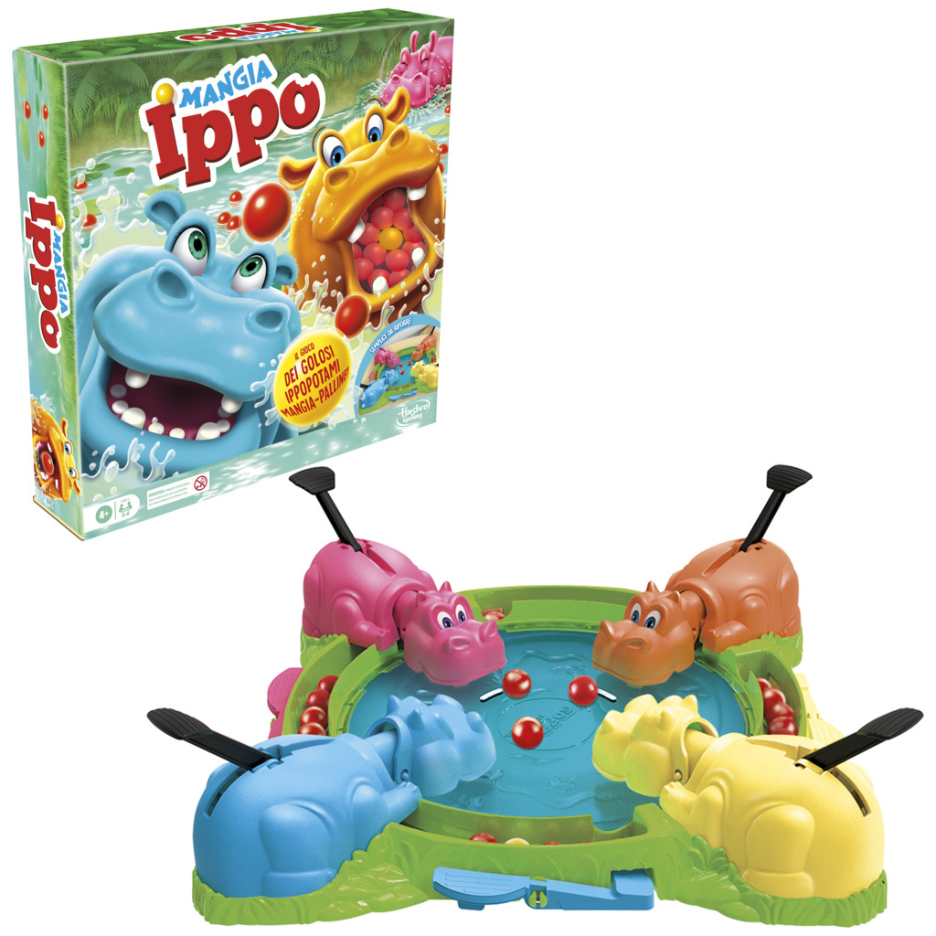 Scatola del gioco da tavolo e tabellone con ippopotami, palline rosse e un'arena simile all'acqua.