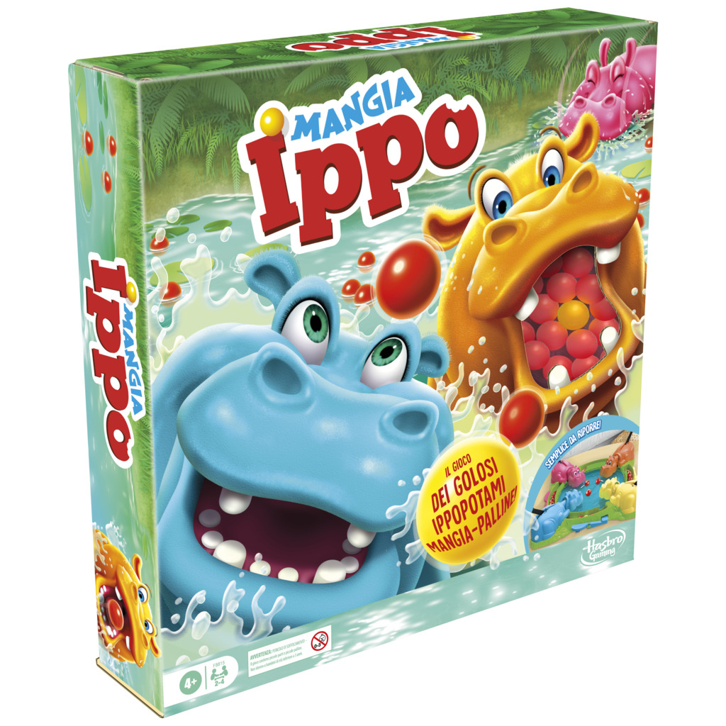Una scatola di gioco con ippopotami dei cartoni animati con palline rosse.