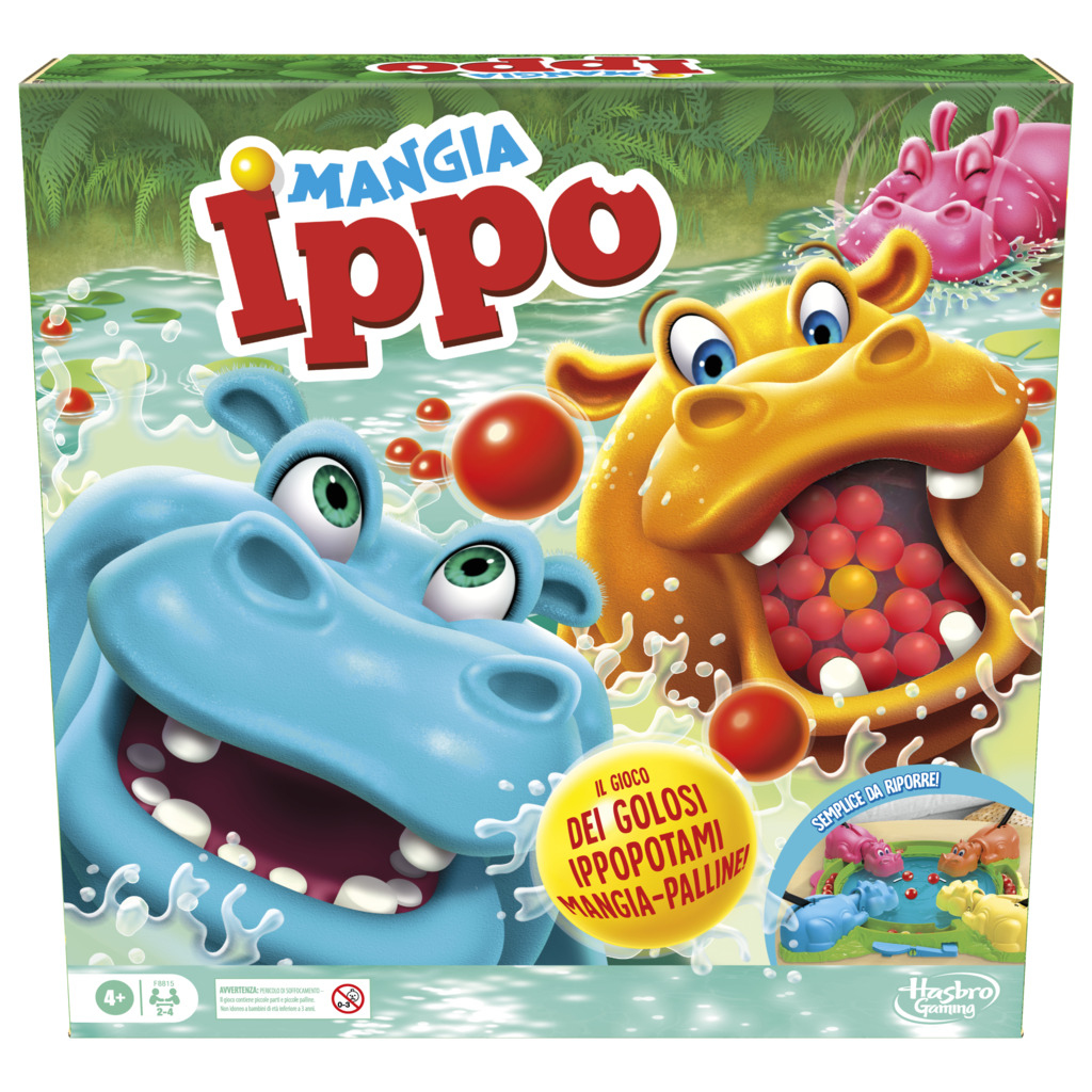 Gioco da tavolo in scatola, con due ippopotami, palline rosse e un tabellone colorato.