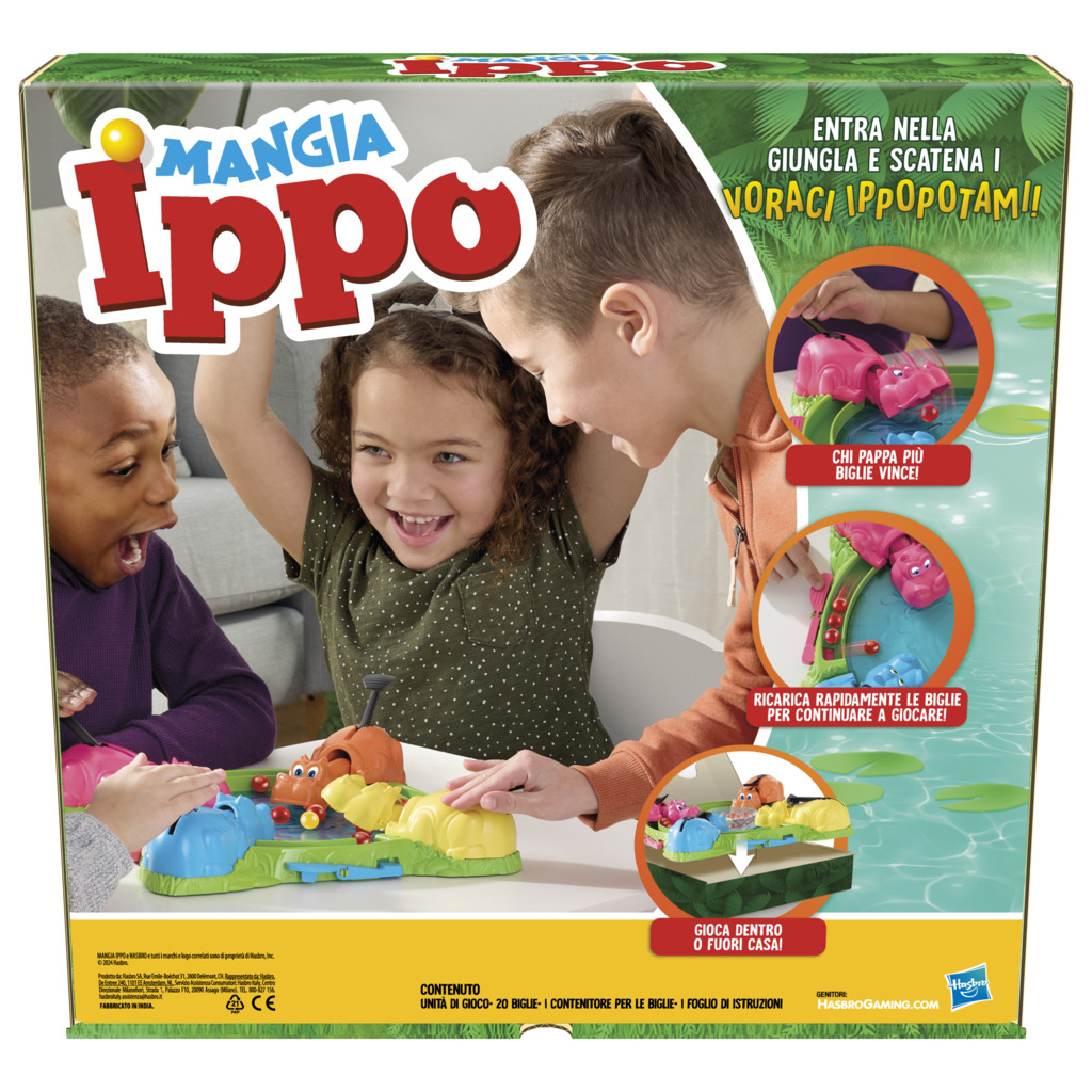 Bambini che giocano a un gioco da tavolo con gli ippopotami. La scatola del gioco e le istruzioni sono visibili.