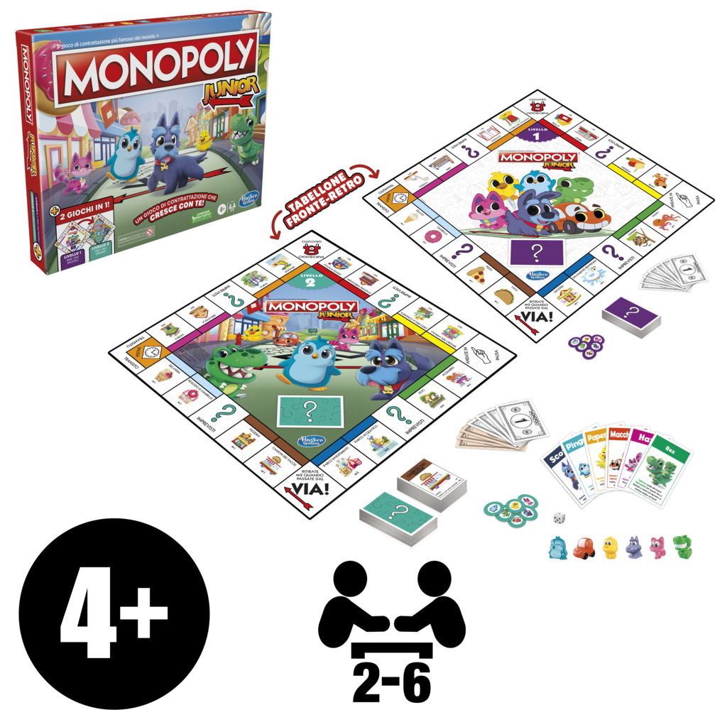 Gra planszowa Monopoly Junior z postaciami z kreskówek, pudełkiem i planszami do gry.