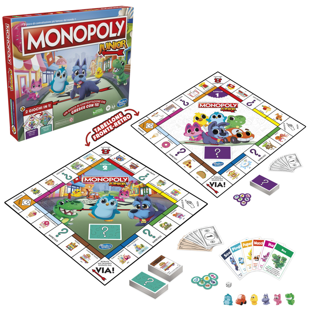 Gra planszowa Monopoly Junior z planszami, kartami i pudełkiem.