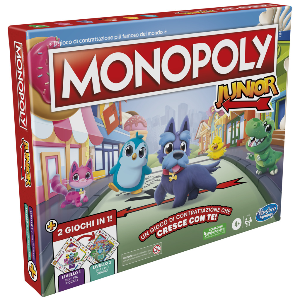 Pudełko gry Monopoly Junior z postaciami z kreskówek i sceną uliczną.