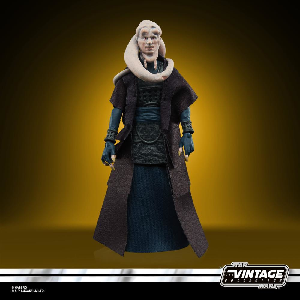 Una figura di un personaggio di Star Wars. È un umanoide dalla pelle chiara con una testa a forma di serpente e vesti scure.