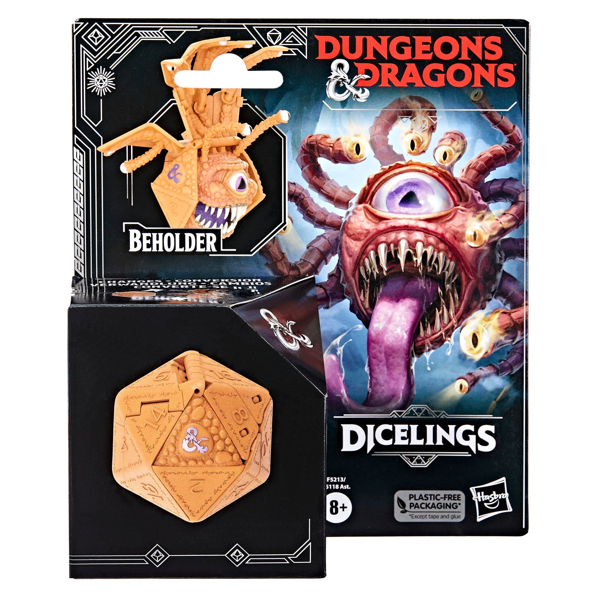 Zestaw w pudełku Dungeons & Dragons z figurką Beholder i kostką. Pudełko ma obraz potwora.
