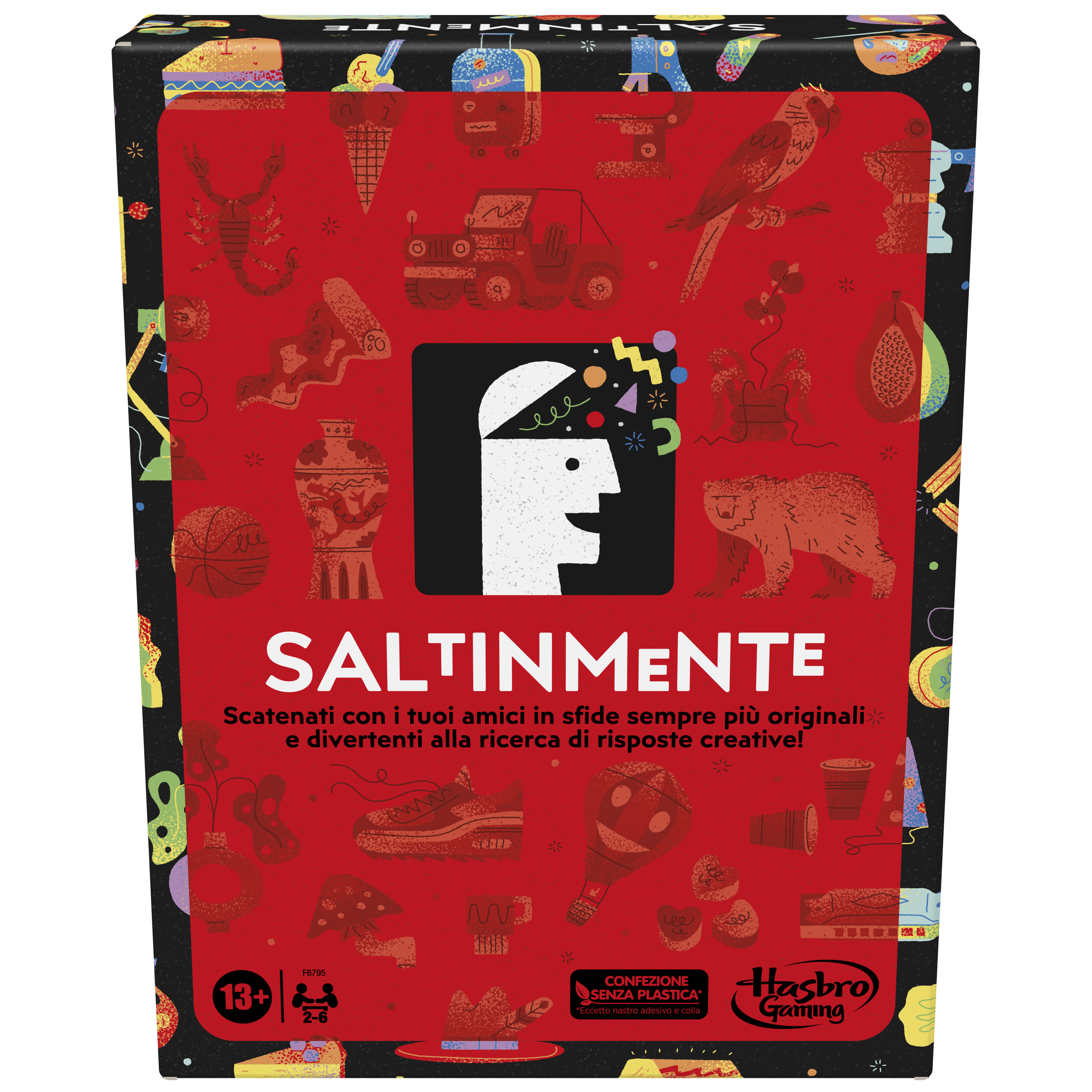 Saltinmente-Brettspielbox mit rotem Hintergrund und verschiedenen Cartoon-Illustrationen.