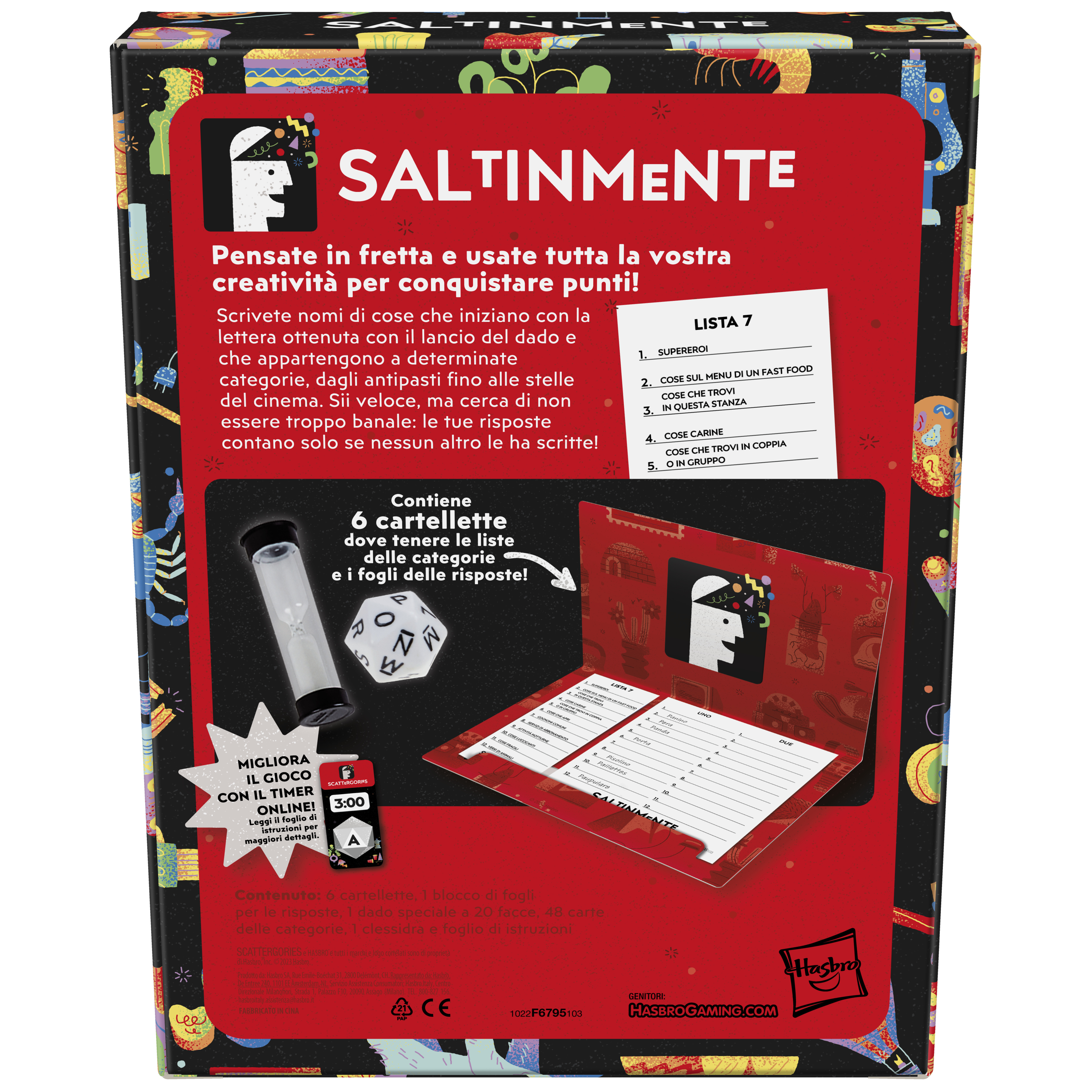 Rückseite einer Spielbox mit dem Titel SALTINMENTE mit Details und Anweisungen zum Spielinhalt.