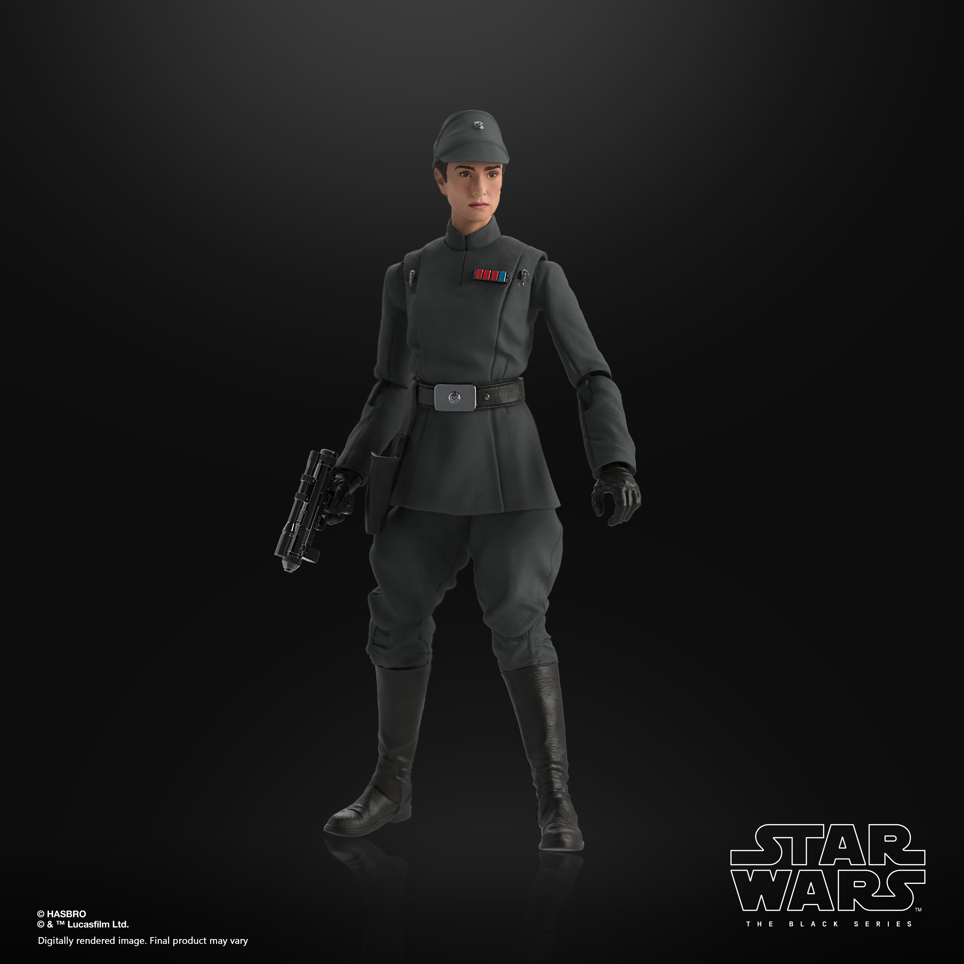 Una figura de personaje de Star Wars con uniforme gris, gorra y botas. Sostiene un bláster. Fondo oscuro.