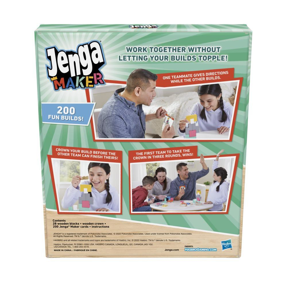 Die Rückseite einer Jenga Maker Spielbox mit Bildern von Leuten, die das Spiel spielen.