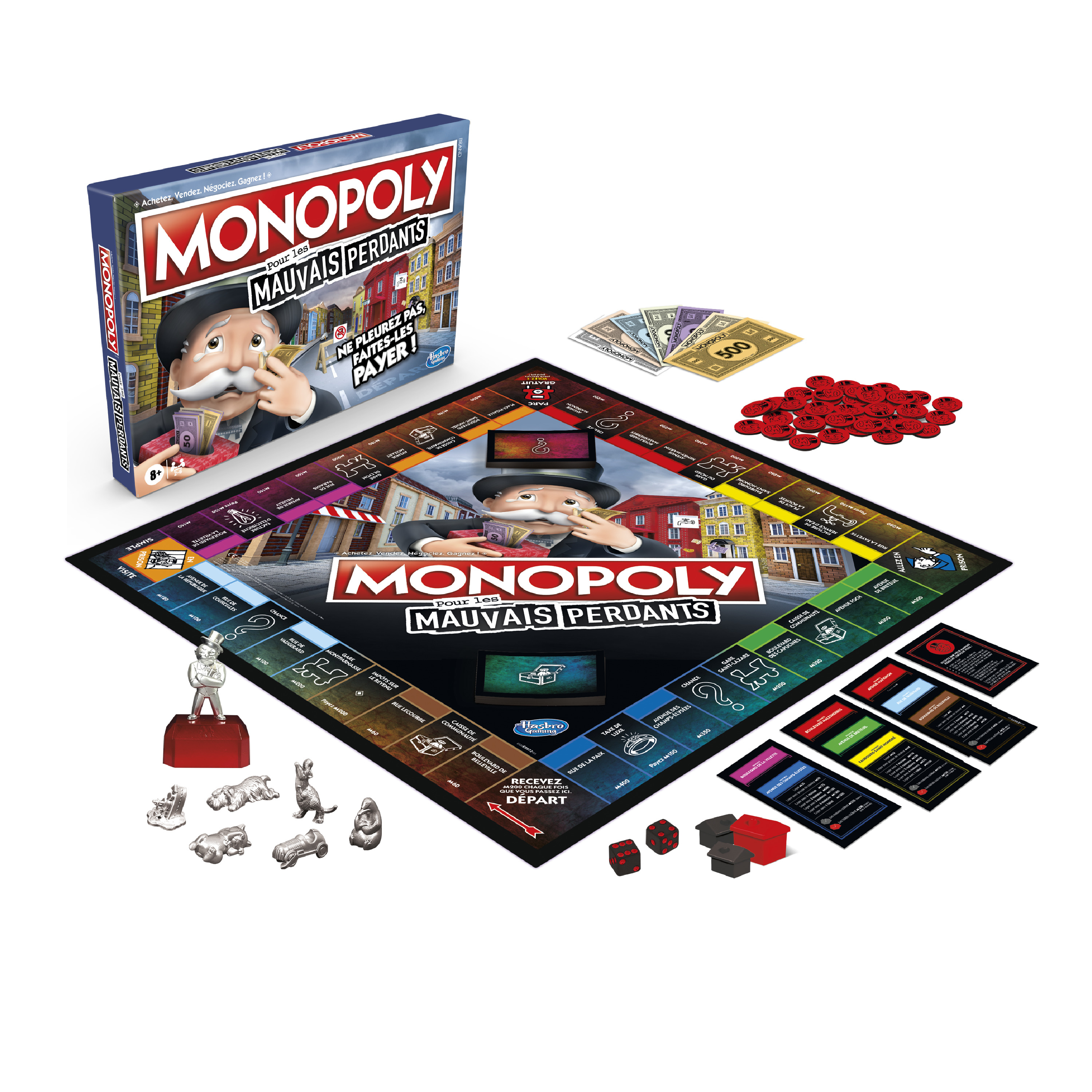 Monopoly-Brettspiel mit Spielsteinen, Karten und Geld.