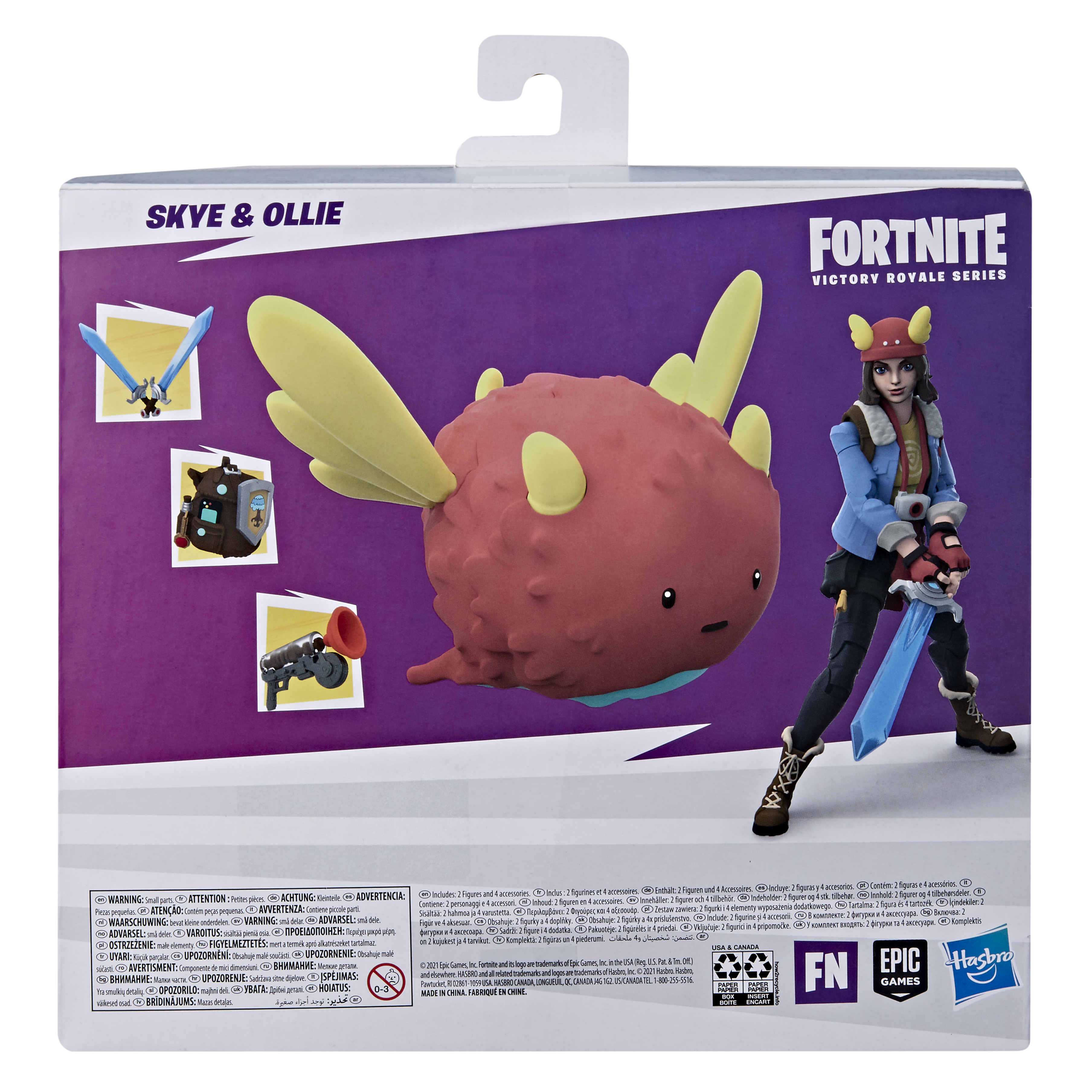 Paquete de juguetes Fortnite con figuras de Skye y Ollie, con logo y texto del juego.