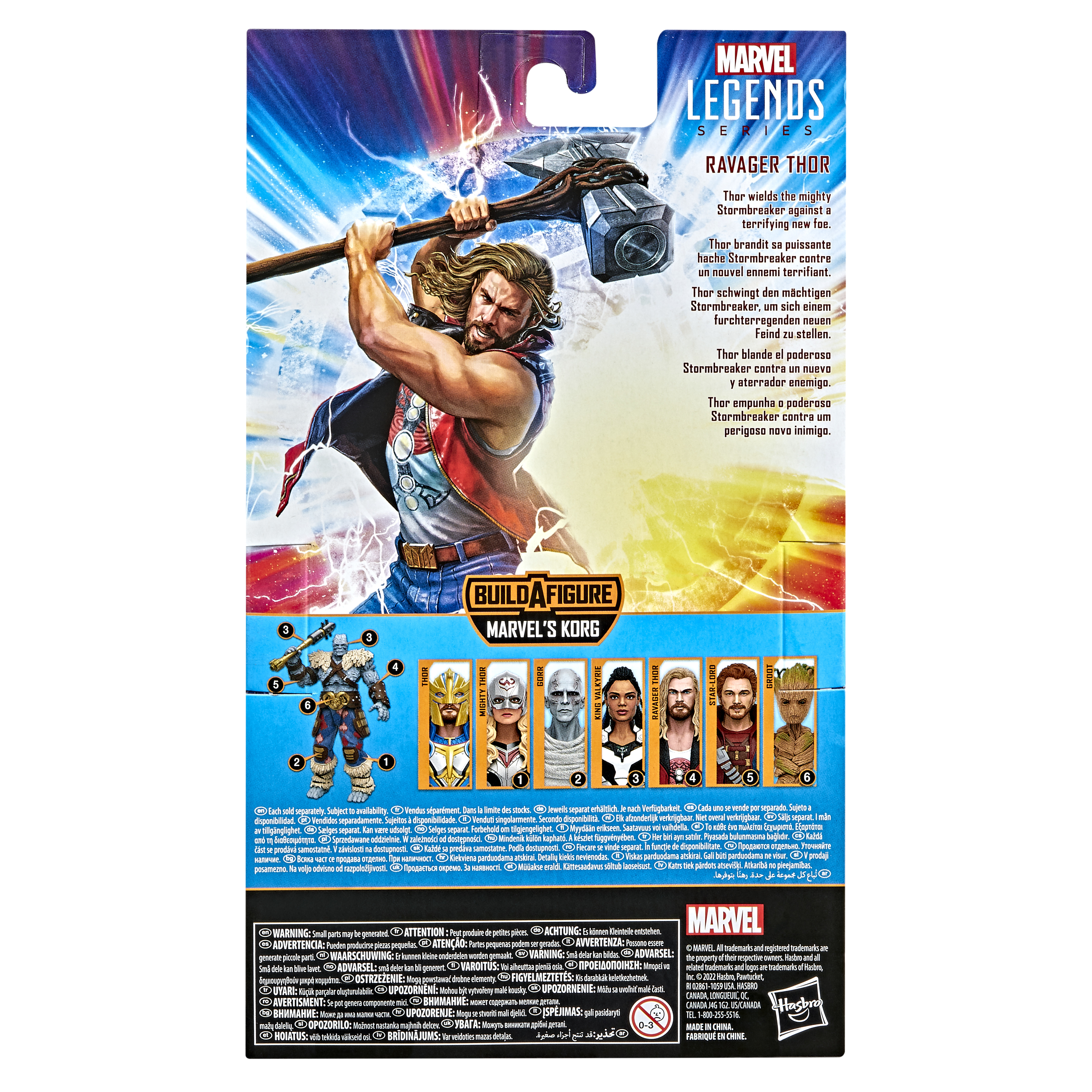 Confezione Marvel Legends: Thor, che tiene Stormbreaker, e immagini di altri personaggi con dettagli e loghi dei personaggi.