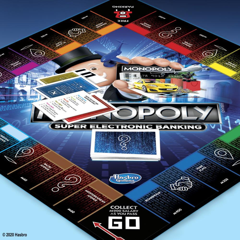 Gra planszowa Monopoly Super Electronic Banking. Plansza jest niebieska z logo Monopoly i Hasbro.