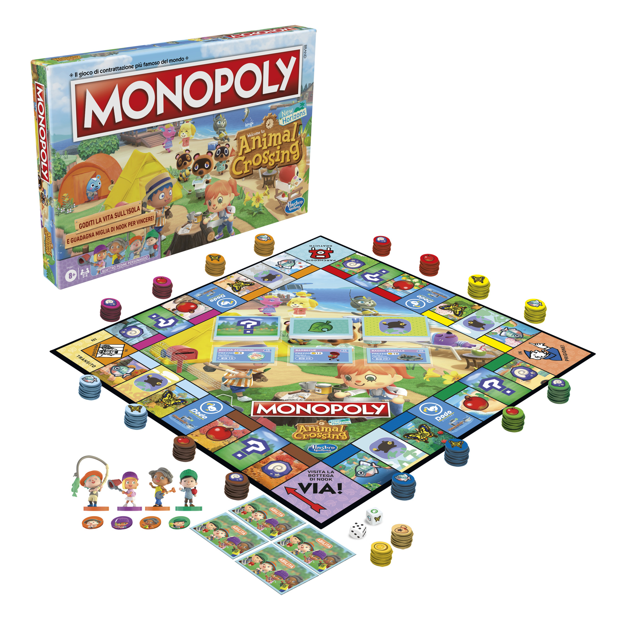 Gra planszowa Monopoly z motywem Animal Crossing. Gra jest ustawiona, z kartami, żetonami i kośćmi.