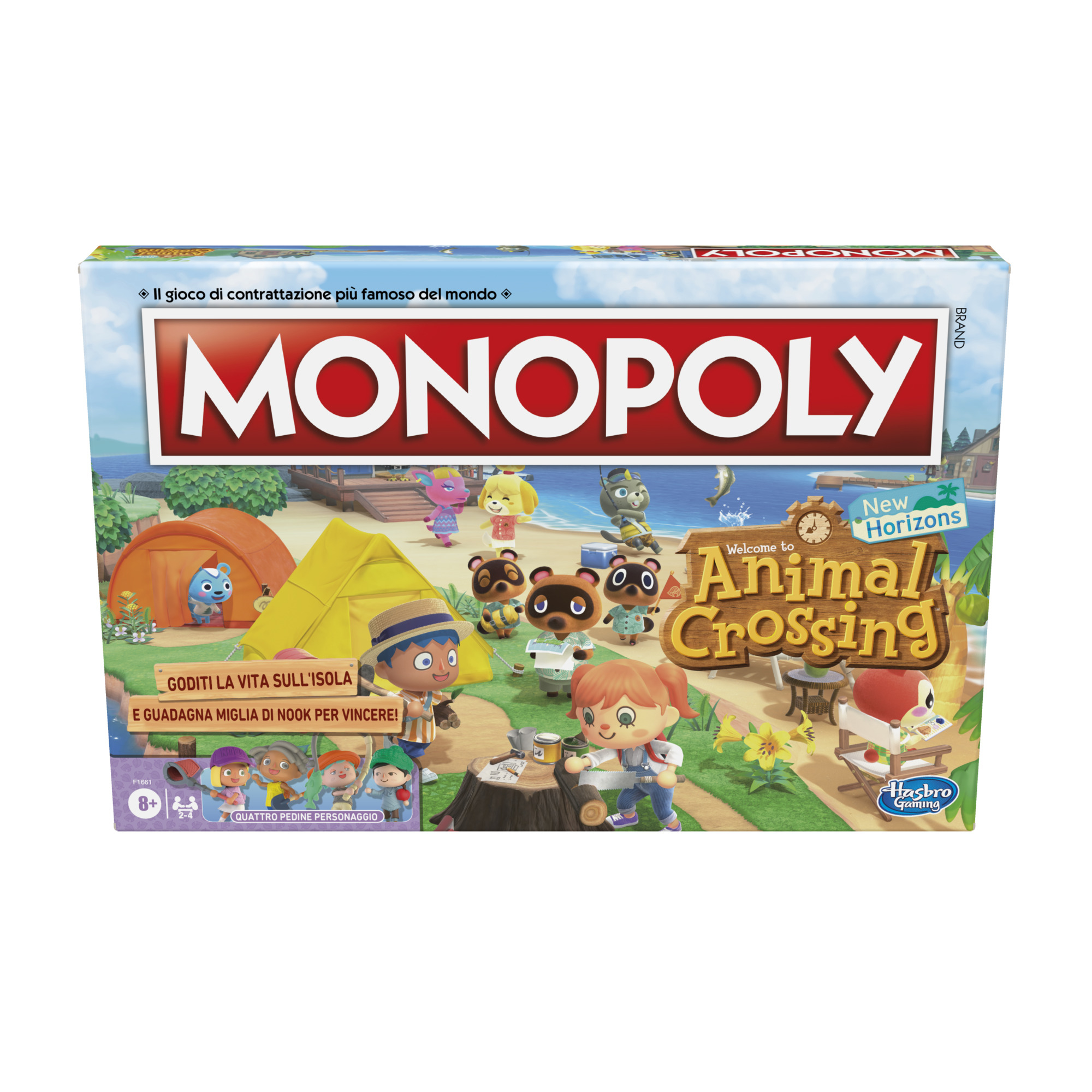 Pudełko gry planszowej Monopoly z motywem Animal Crossing, z postaciami i ustawieniami.