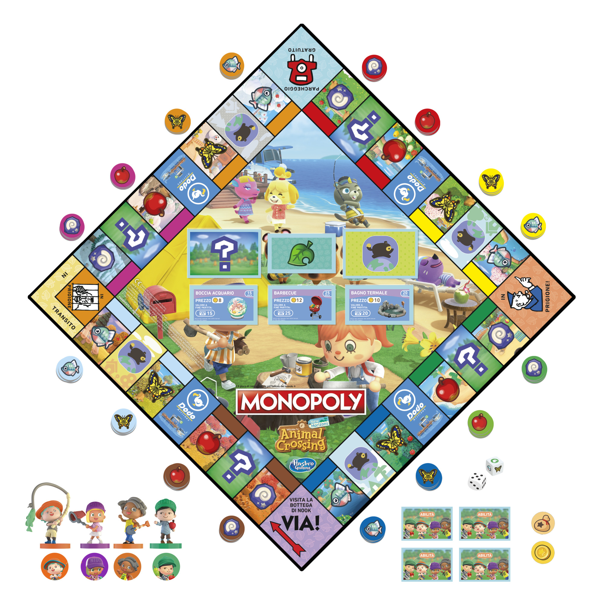 Gra planszowa Monopoly Animal Crossing. Plansza z pionkami, kostką i kartami.