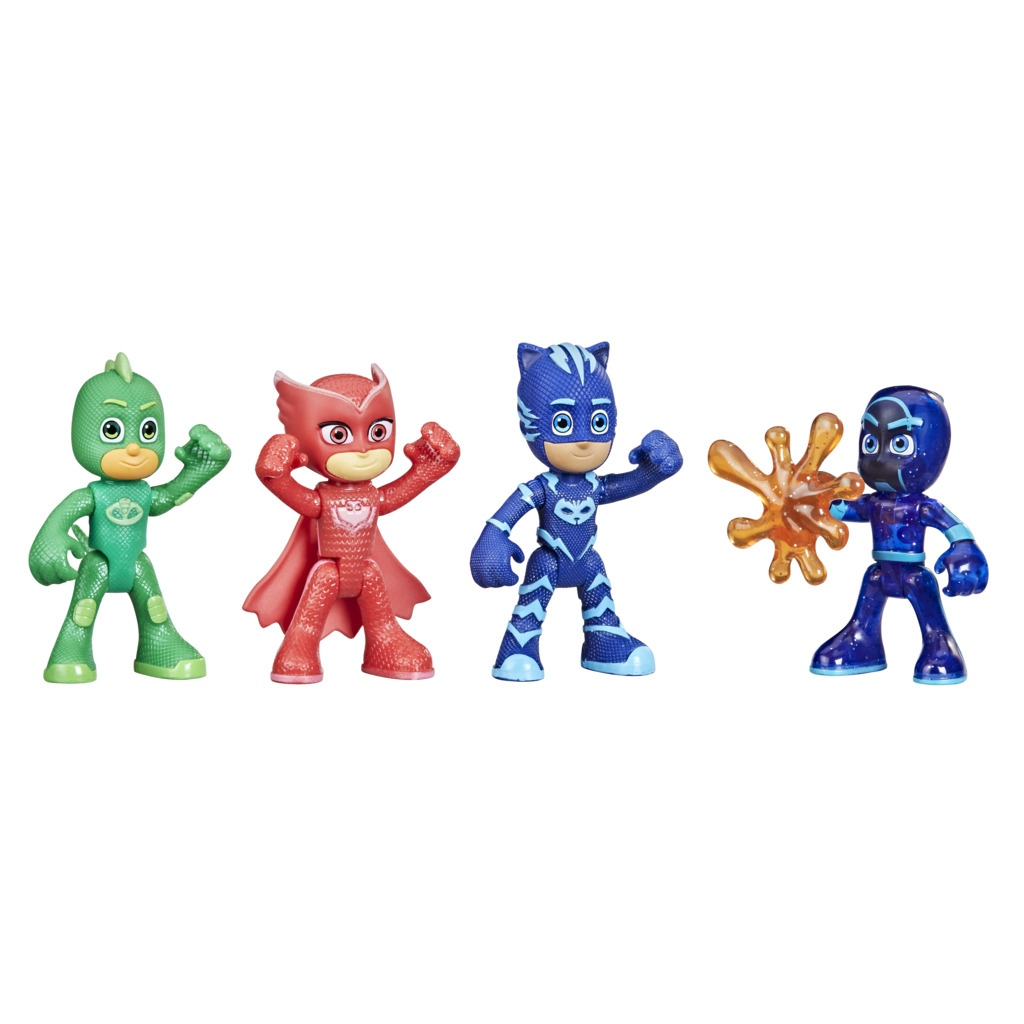 Figurki PJ Masks: Gekko, Owlette, Catboy i złoczyńca.