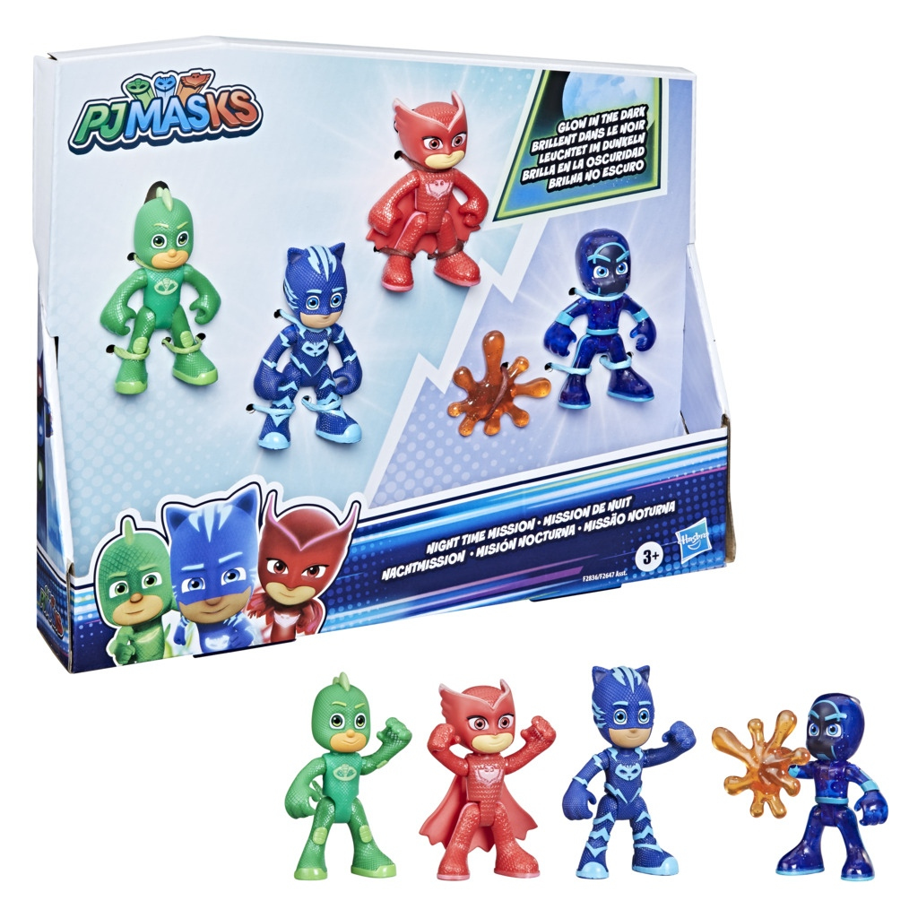 Zestaw zabawek PJ Masks z figurkami Catboya, Owlette i Gekko w opakowaniu.