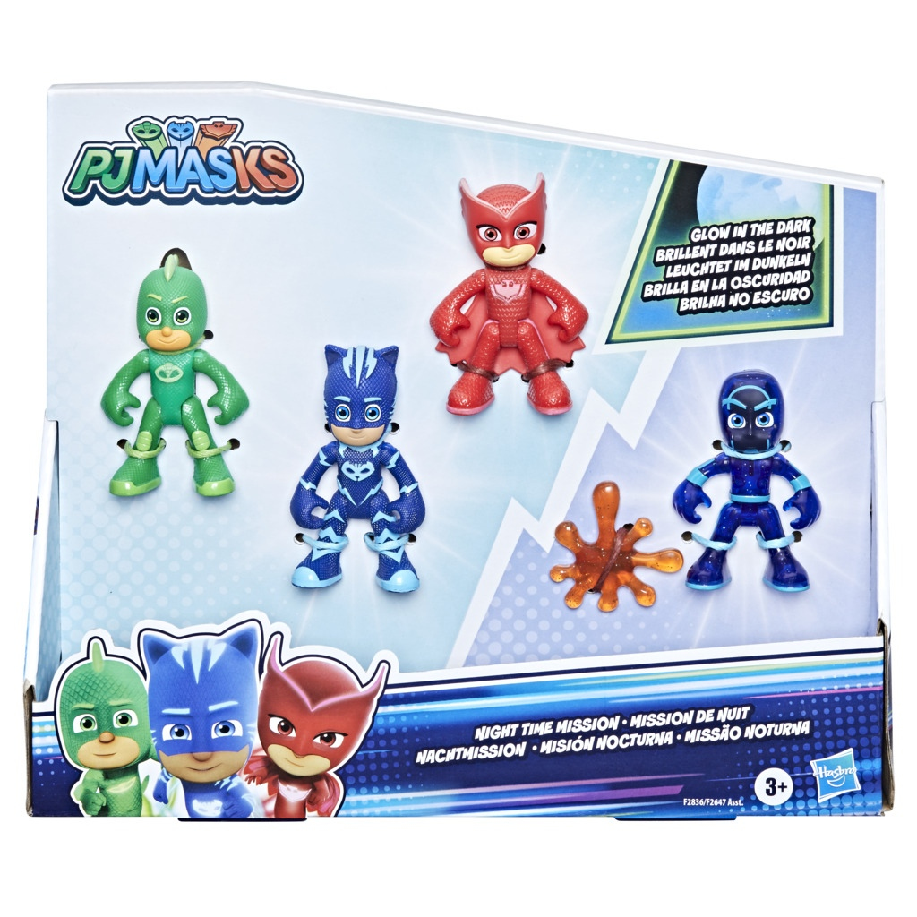 Zestaw zabawek PJ Masks. Zawiera cztery figurki: Kotboy, Sowella, Gekon i Nocny Ninja.