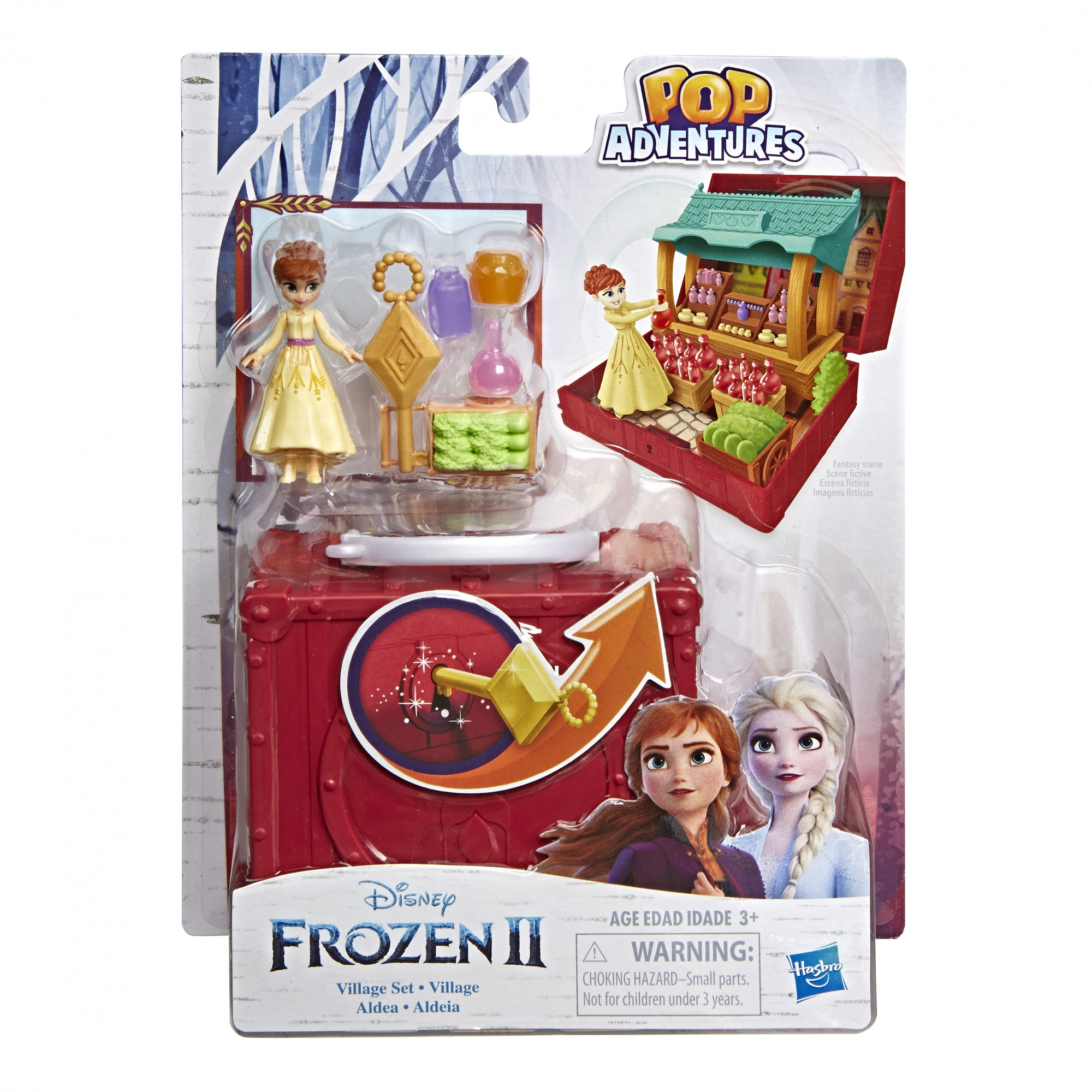Zestaw zabawek Frozen II: figurki Anny i Elsy ze sceną wioski w czerwonym pudełku.