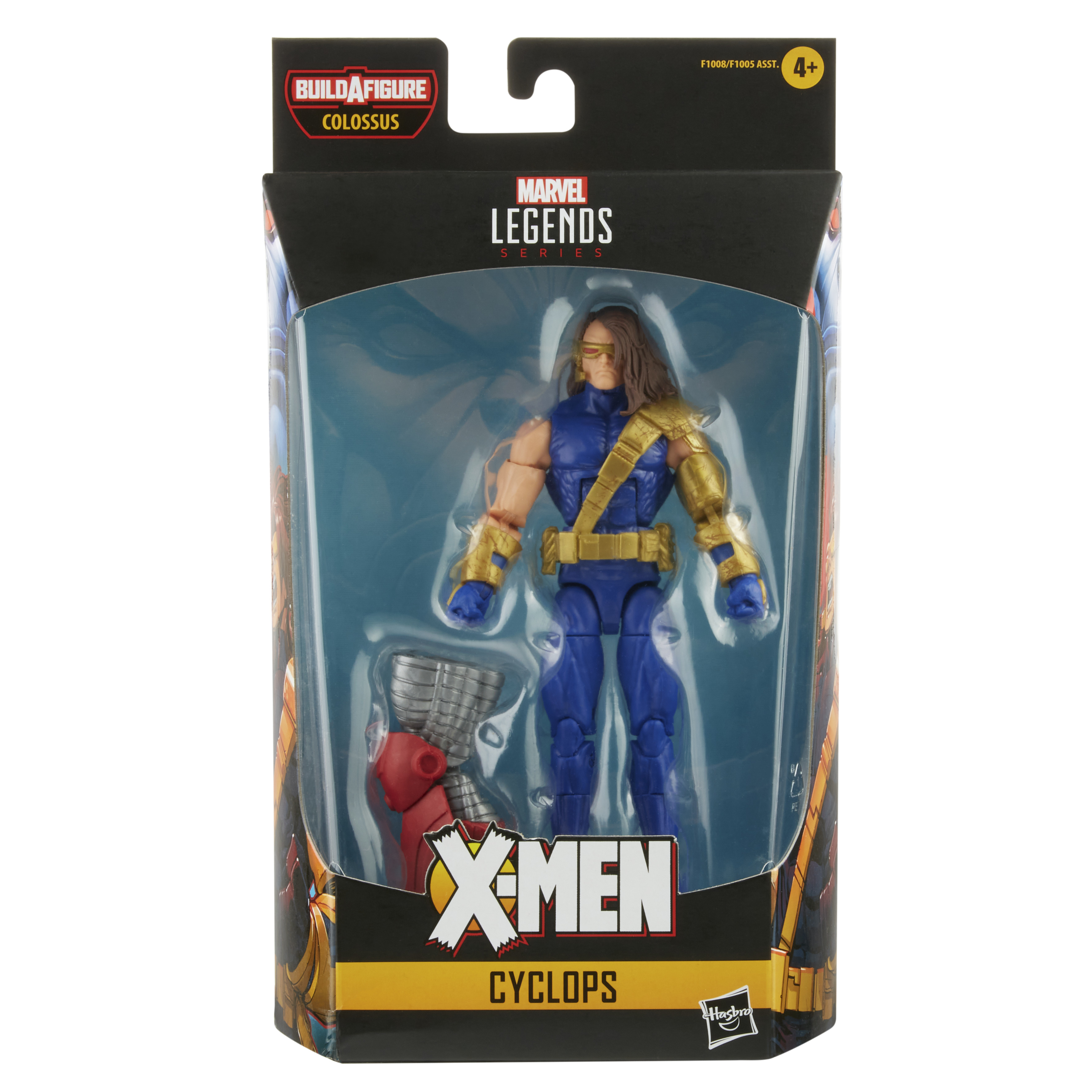 Action figure di Ciclope Marvel Legends nella confezione. La figura è blu e oro.