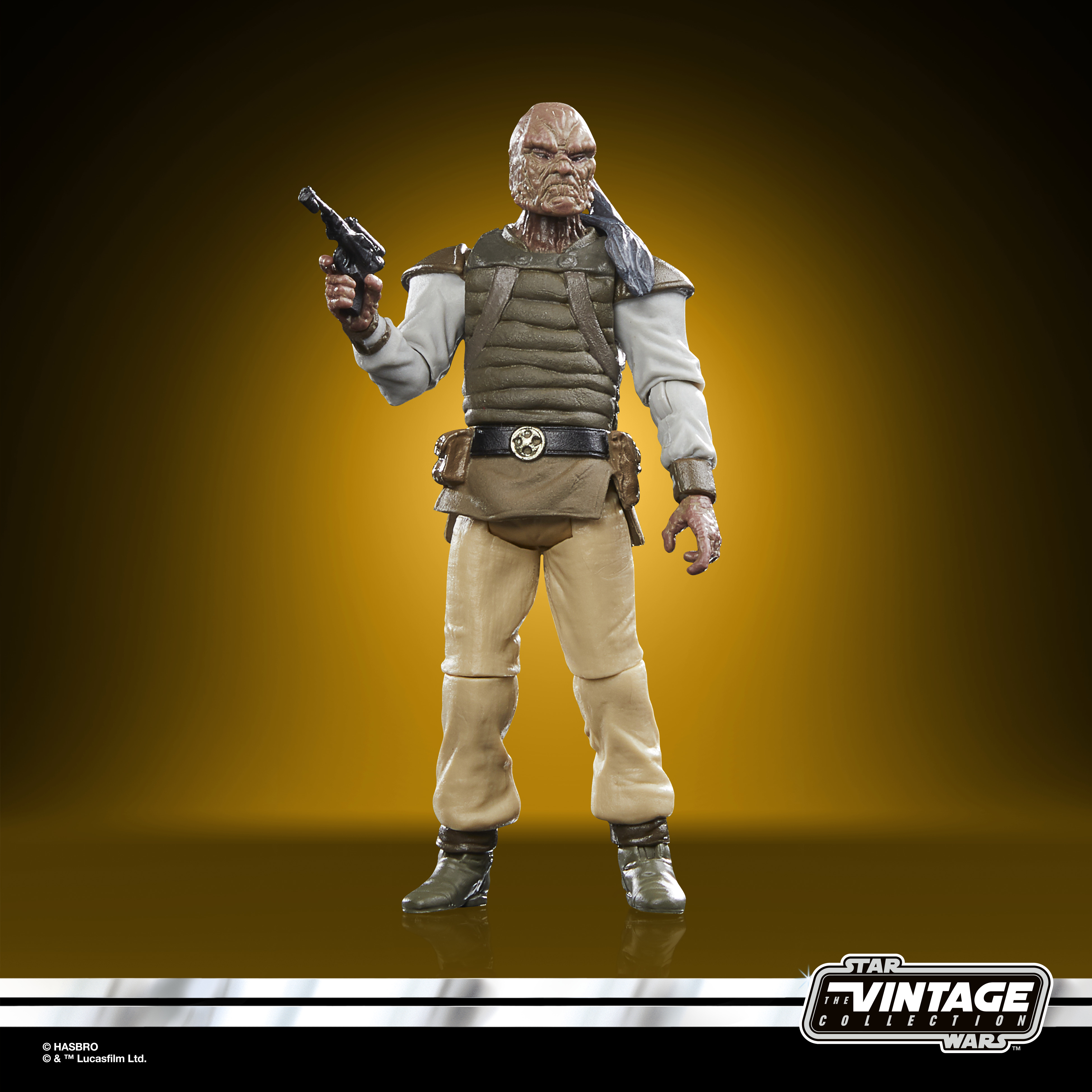 Figurka Star Wars: humanoidalny kosmita trzymający broń, w stylu vintage.