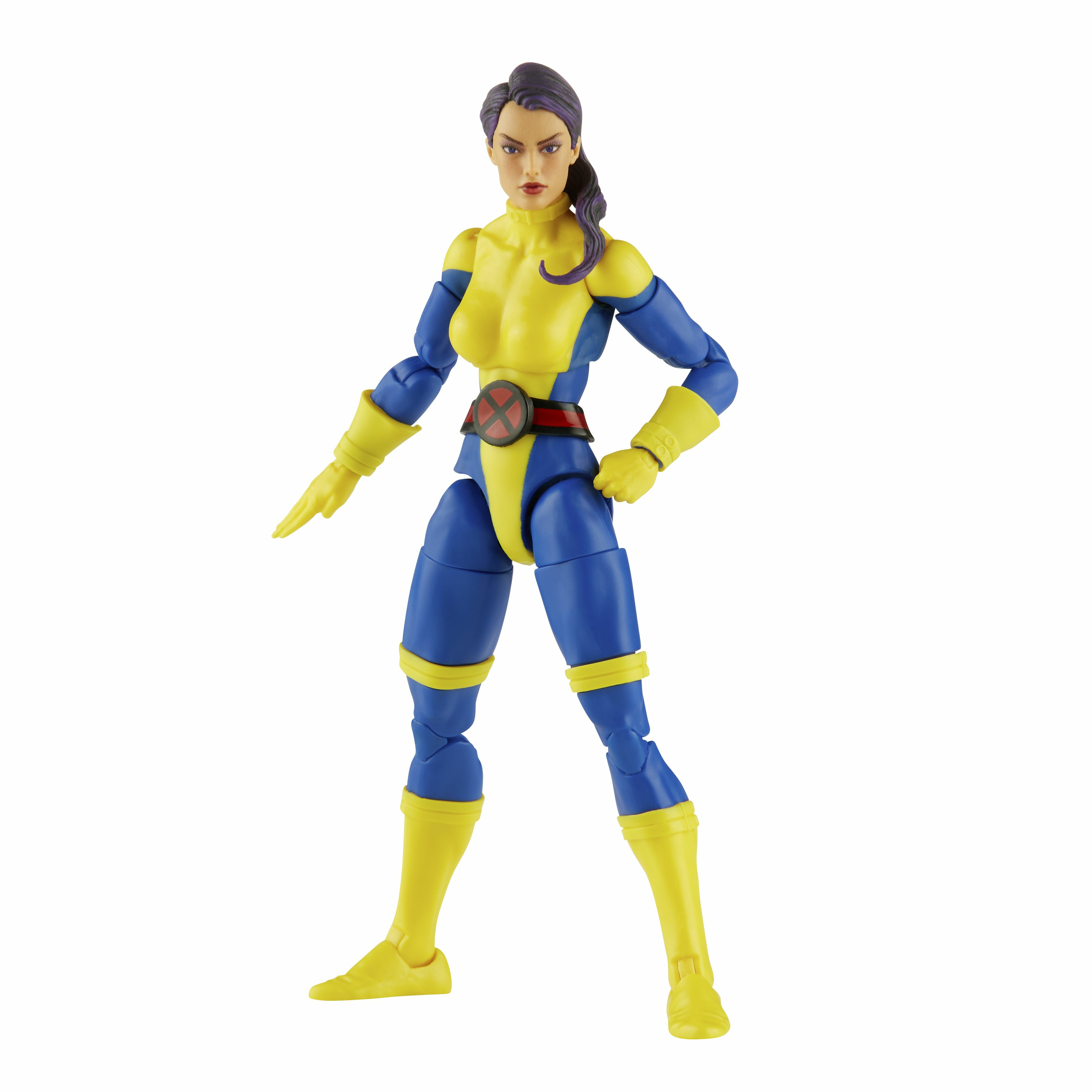Figura de acción femenina con traje amarillo y azul, sobre fondo blanco.