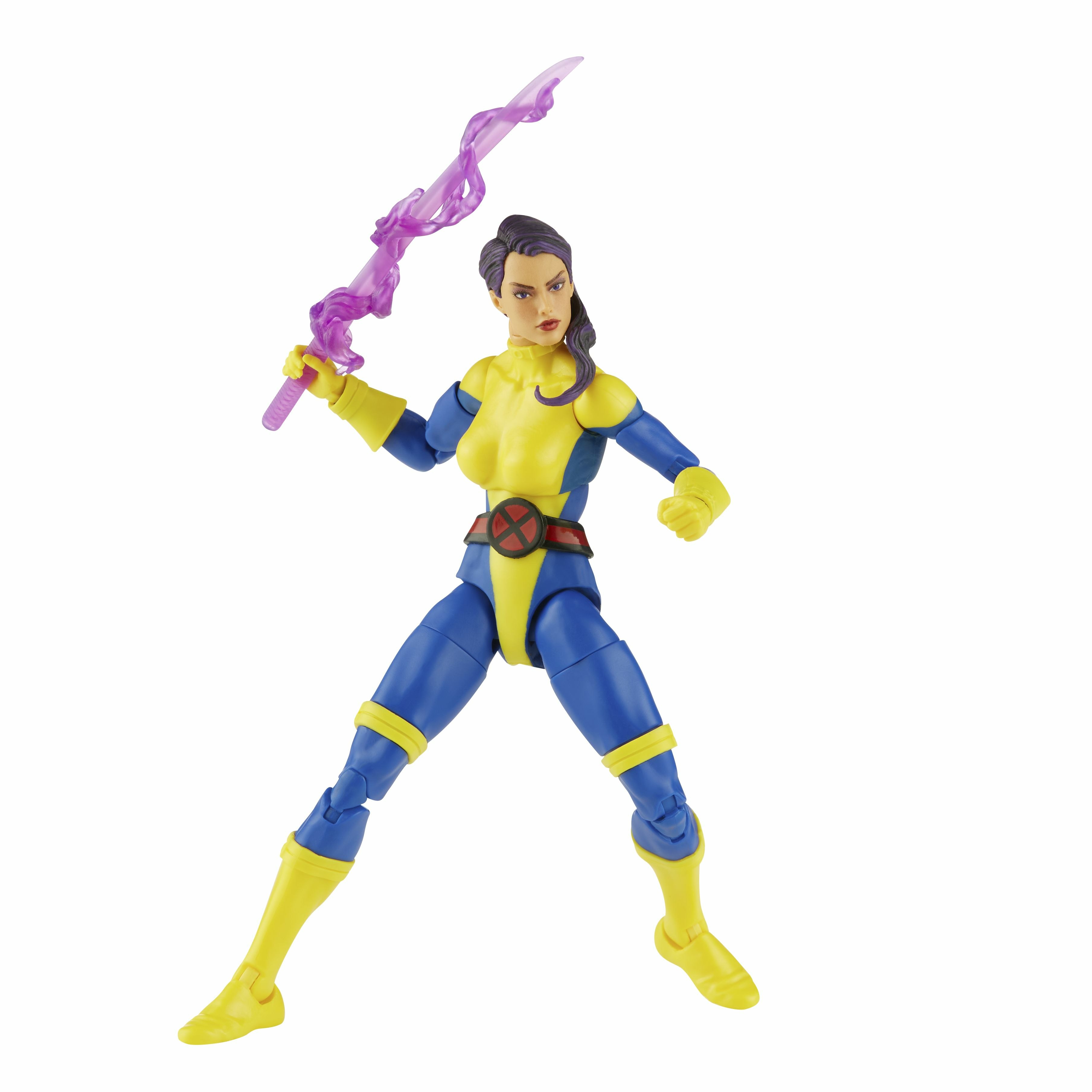Una figura de acción femenina con traje amarillo y azul, sosteniendo una espada.