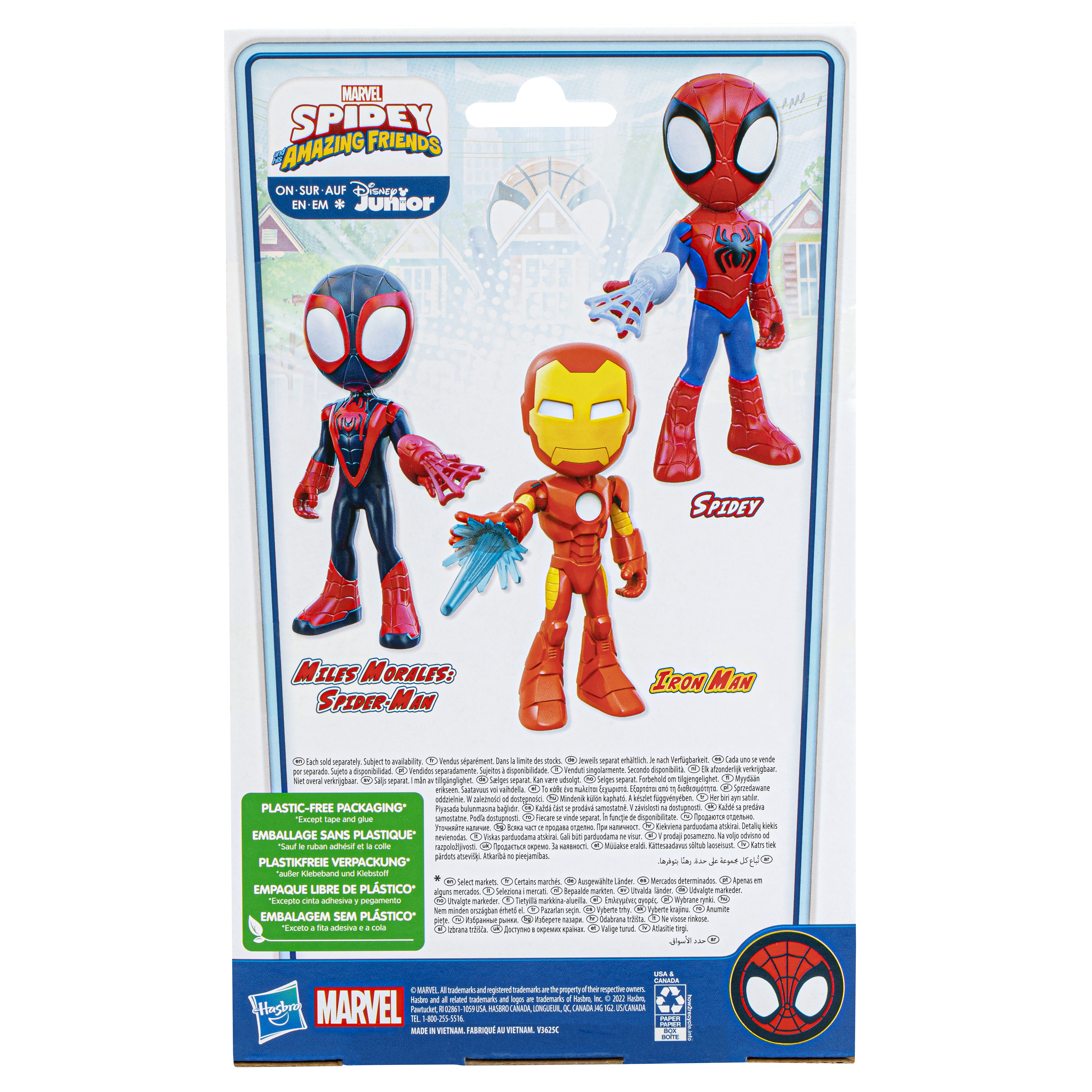Retro della confezione dei giocattoli Marvel Spidey and His Amazing Friends con tre personaggi.