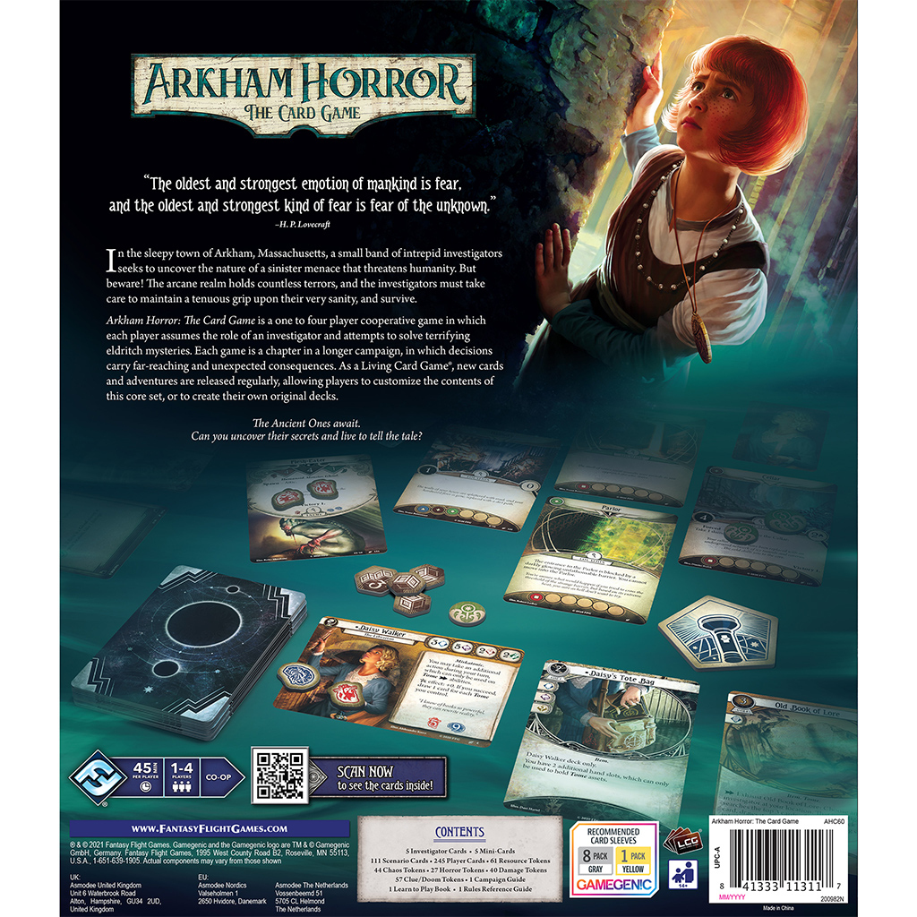 Pudełko gry planszowej zatytułowane "Arkham Horror". Zawiera ilustrację dziewczyny patrzącej w górę.