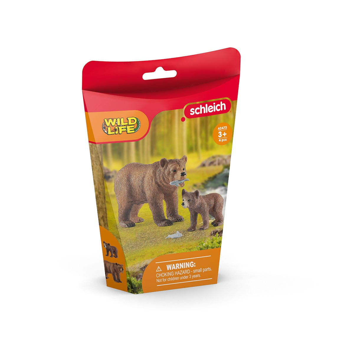 Eine Schleich Wild Life Spielzeugverpackung mit zwei Bären mit Fischen in einer Waldkulisse.
