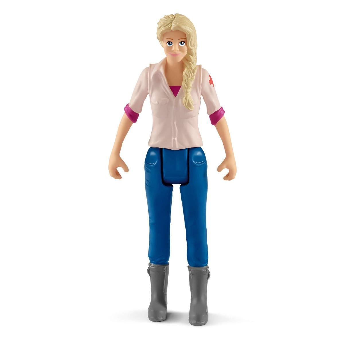 Figurka kobiety w jasnoróżowej koszuli i niebieskich spodniach na białym tle.